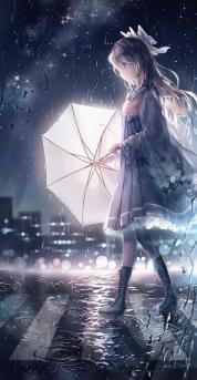 雨天行走的<span style='color:red;'>二次元</span>动漫少女，女孩手拿雨伞下雨天超美意境图片