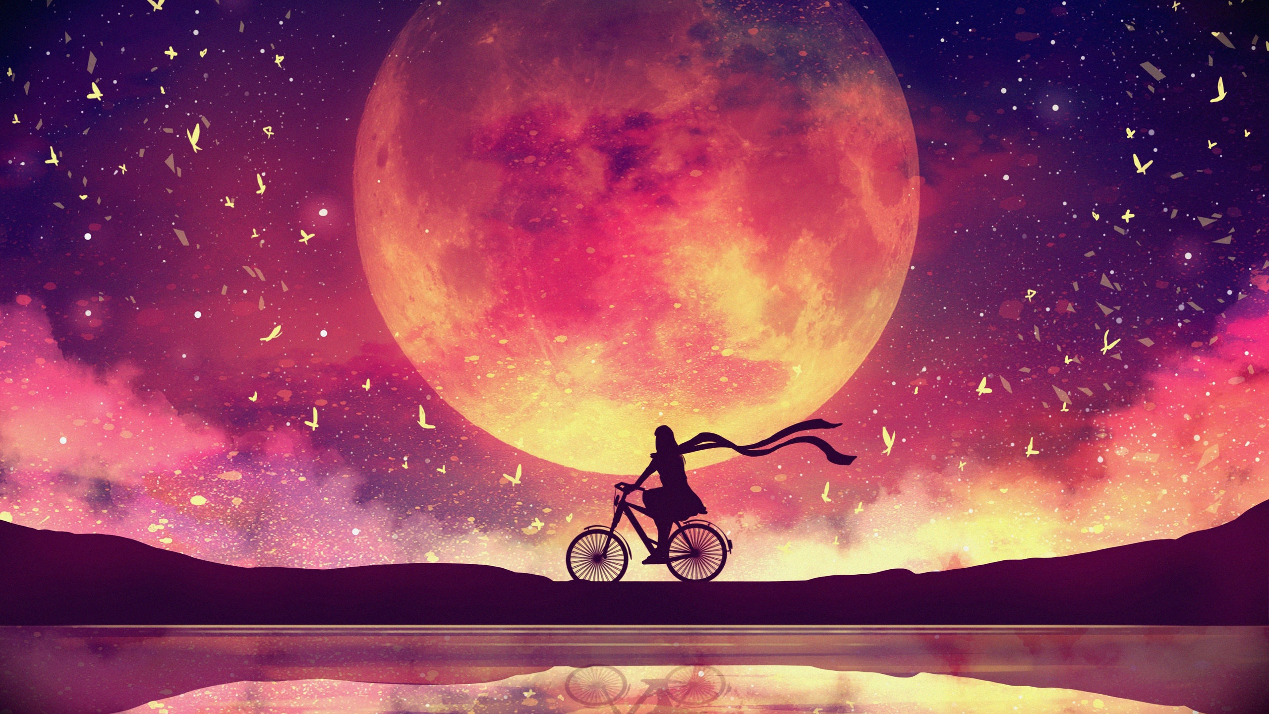 唯美月空满天孔明灯下的女孩，一轮圆月下的骑车的少女等梦境唯美图片