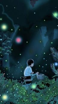 夜晚，推着自行车的男孩，行走在满是萤火虫的小树林动漫手机壁纸
