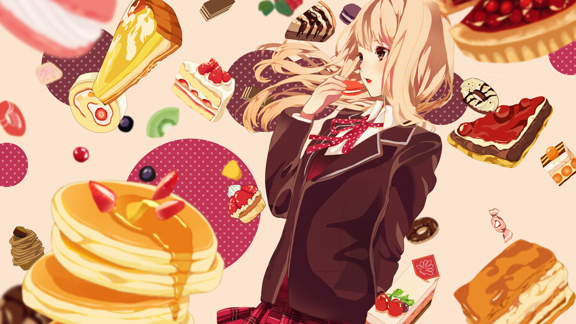 美味甜食动漫少女，满天飞舞的各种甜食<span style='color:red;'>蛋糕</span>的桌面壁纸