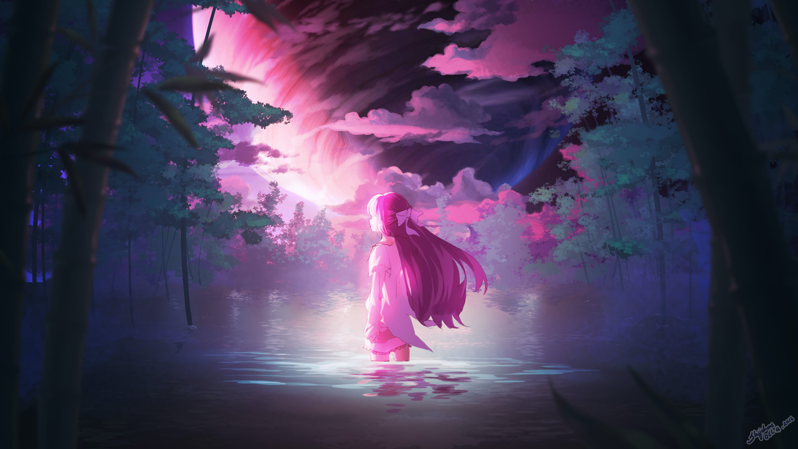 梦幻<span style='color:red;'>森林</span>中站立在水中的动漫少女插画壁纸图片