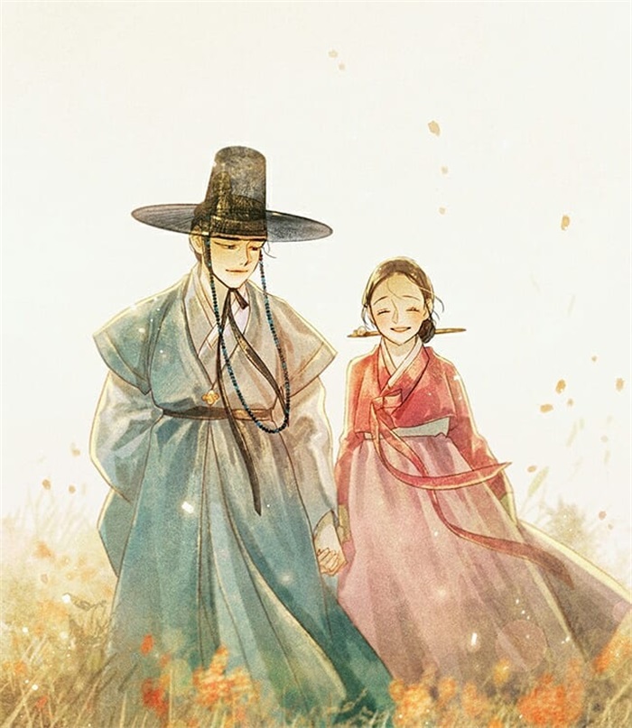 古代朝鲜宫廷风情侣美图，浪漫的二次元手绘宫廷风动漫情侣插画
