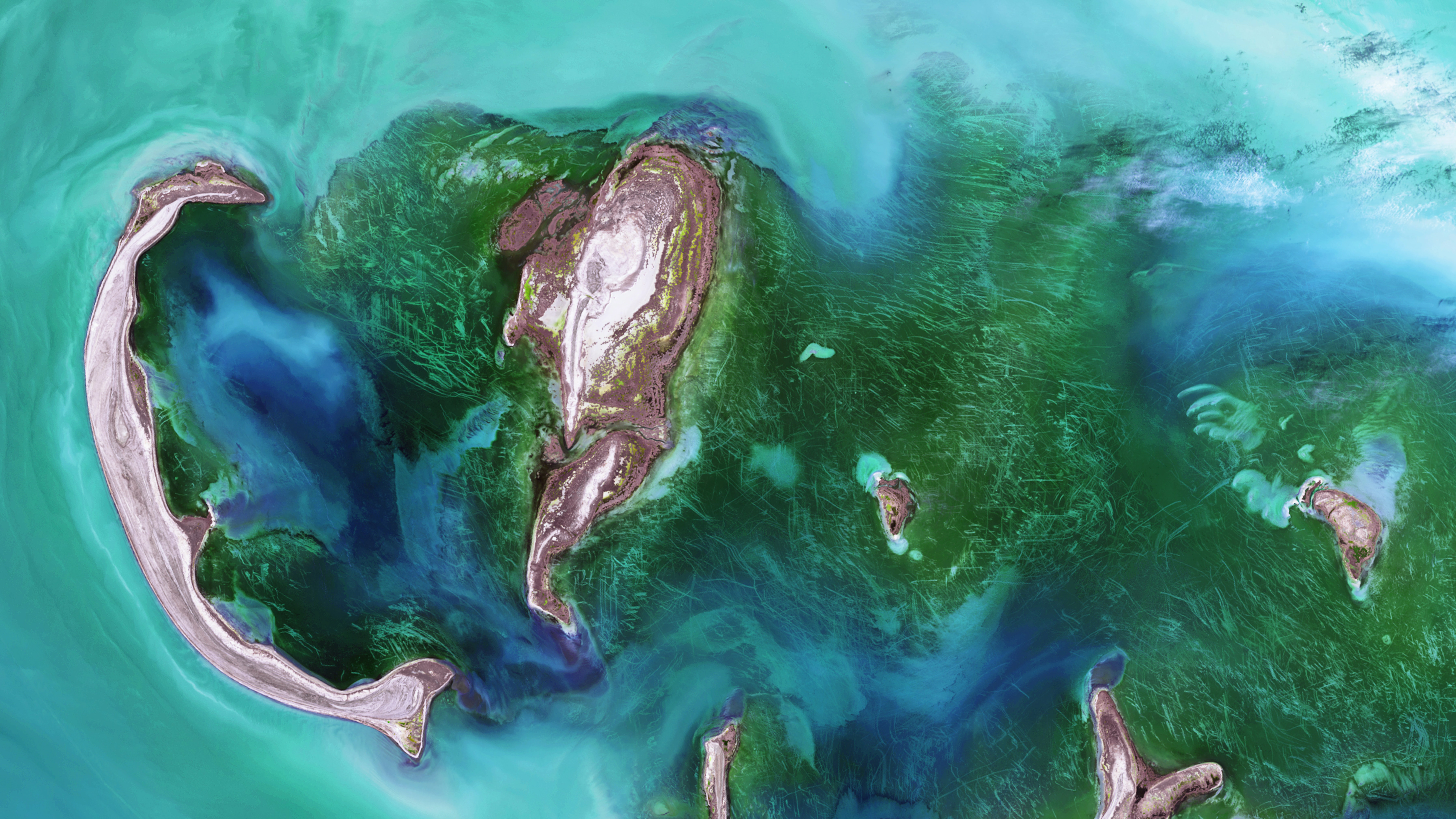 太空看地球，航拍海上的岛礁风景超清8K壁纸