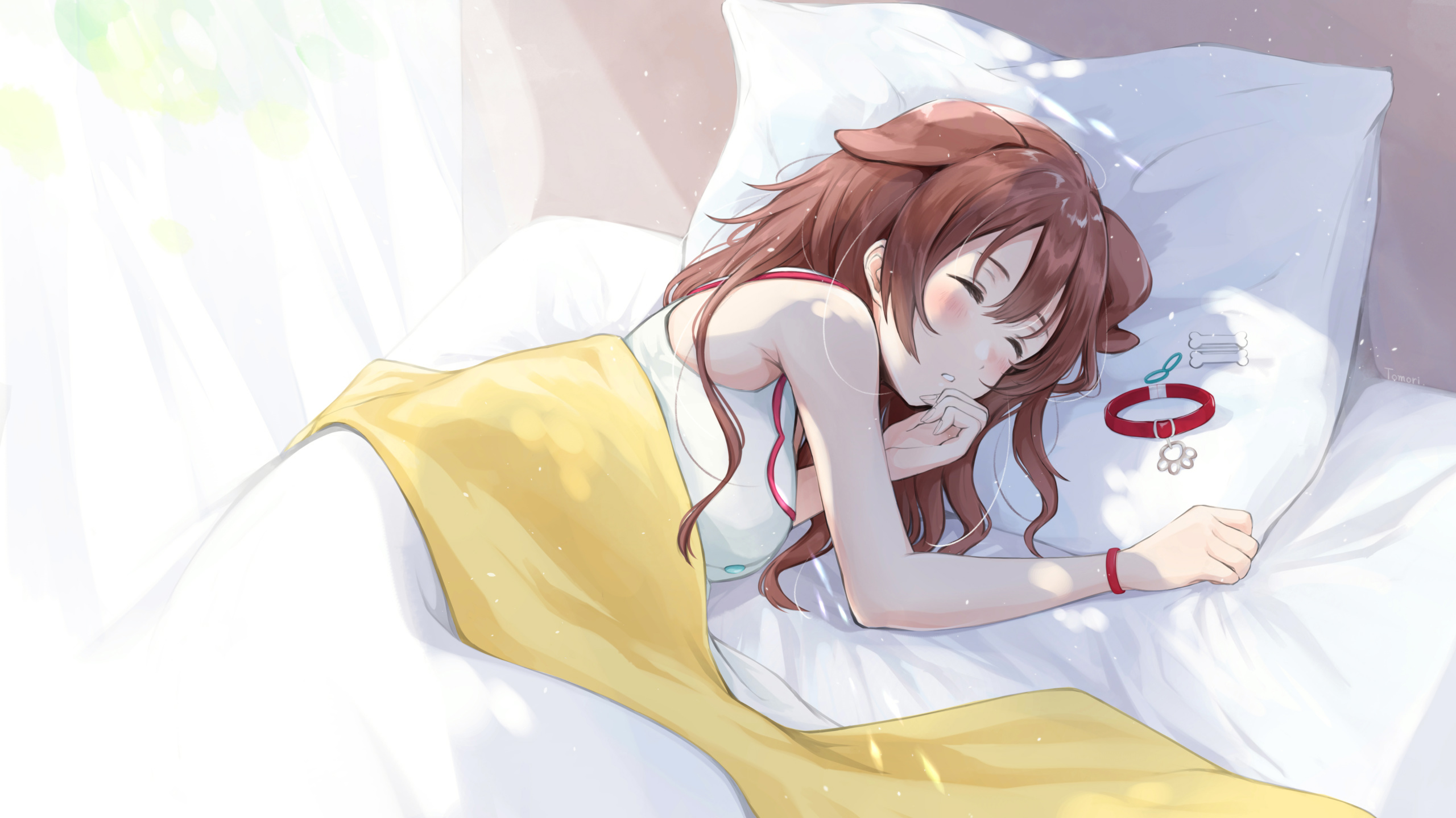 躺在<span style='color:red;'>床上</span>睡觉的动漫长发女孩