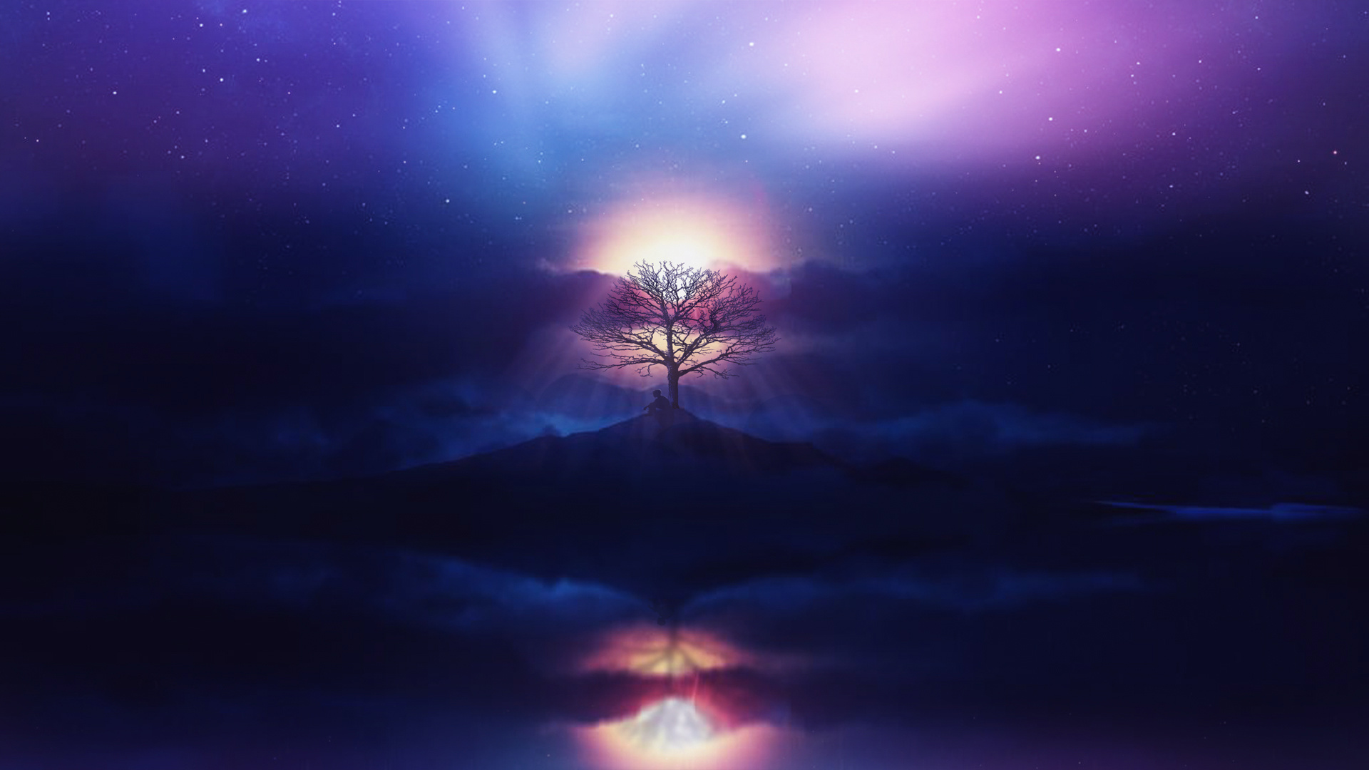 紫月下小岛上的一棵树场景桌面壁纸