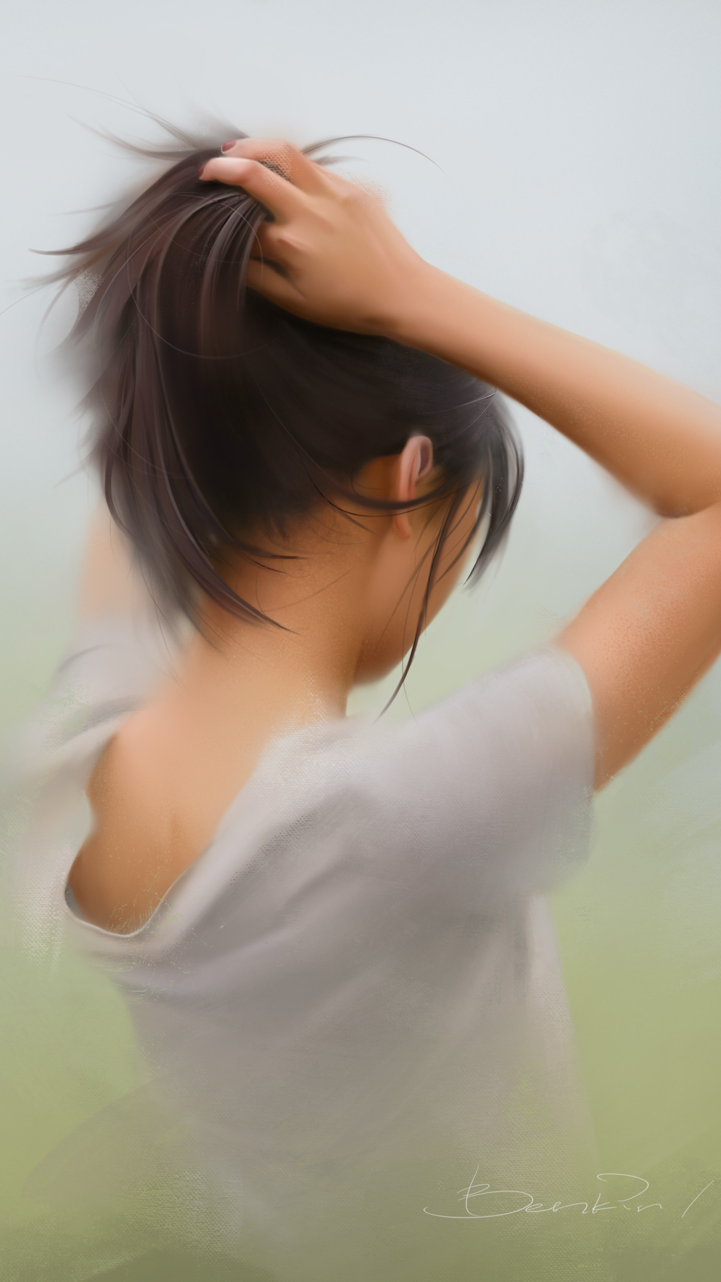 逼真的写实油画朦胧的女生背影高清手机壁纸