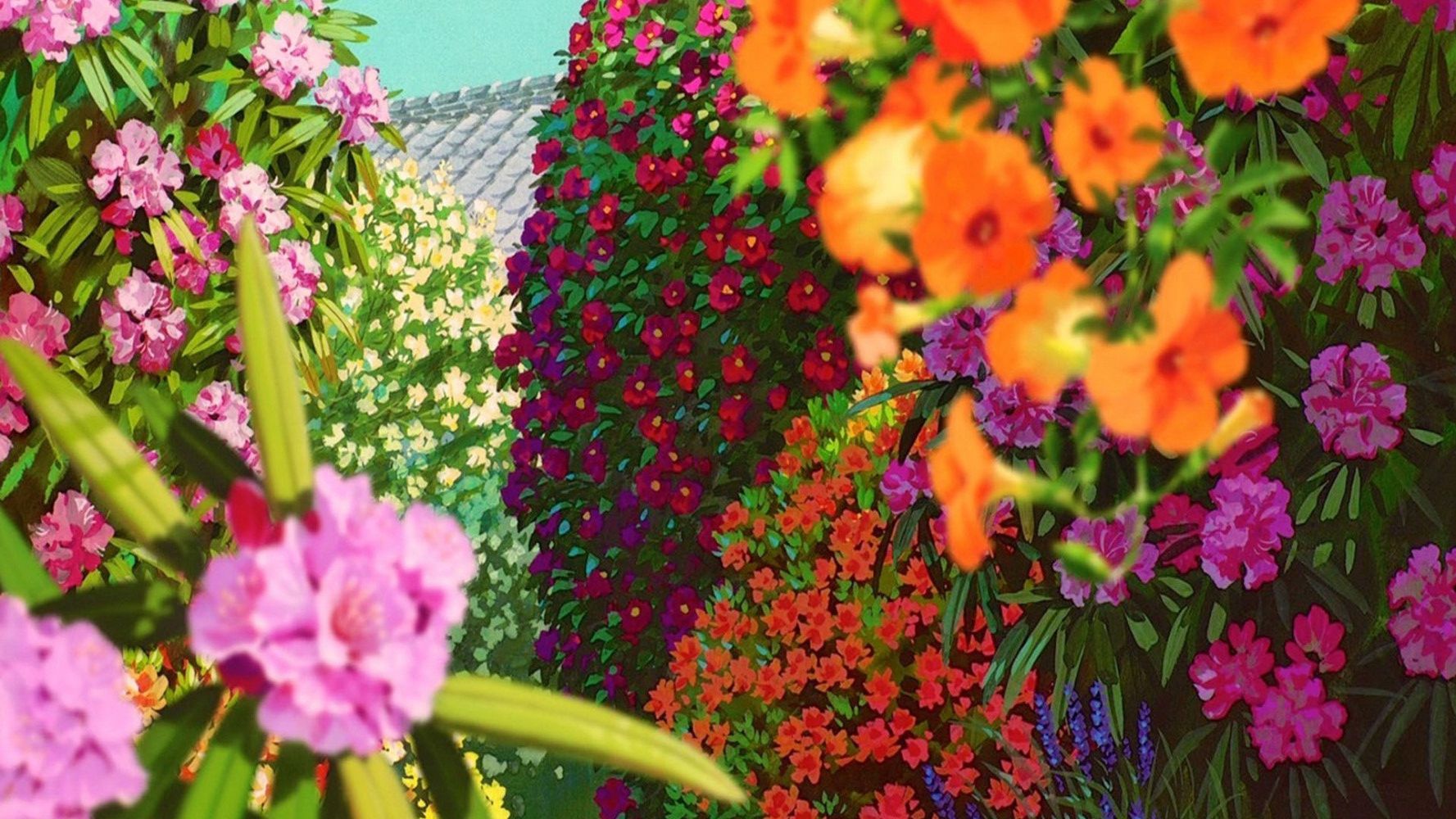 花香满屋的二次元花朵花卉场景插画美图，宫崎骏场景壁纸图片