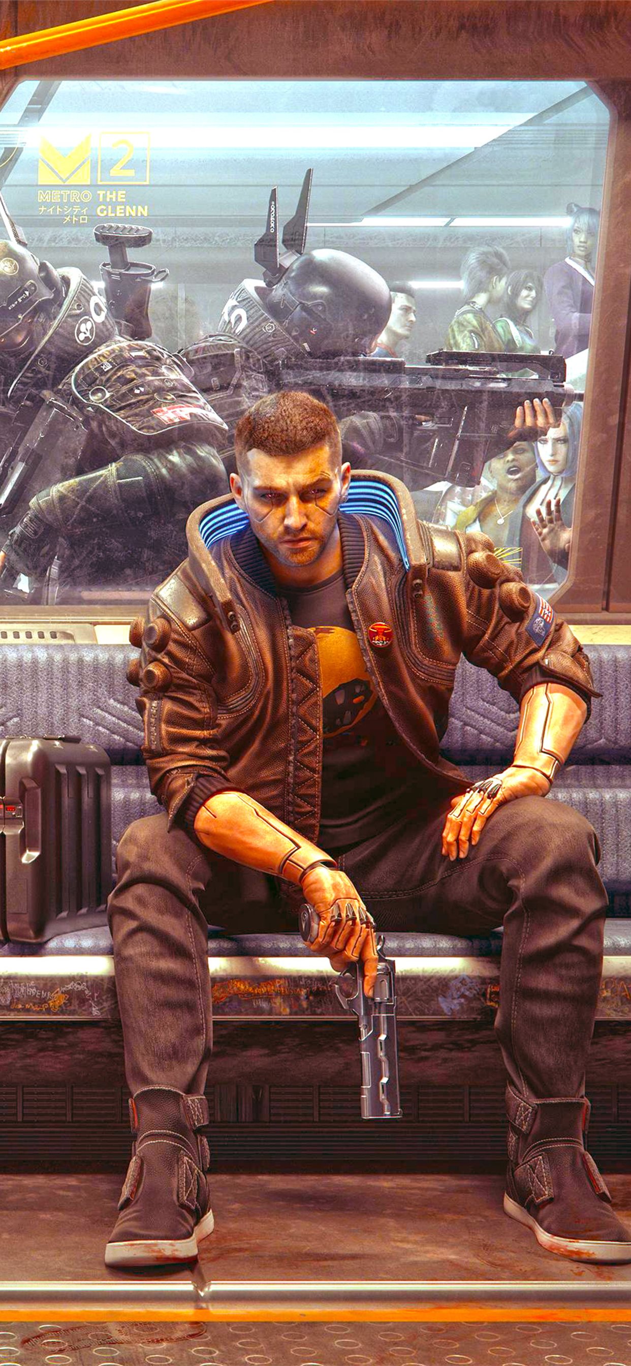射击类游戏人物手拿手枪坐在地铁座椅上的宣传海报
