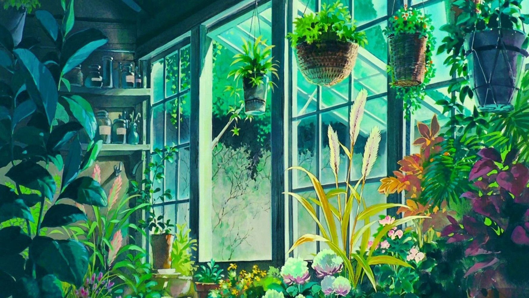 花香满屋的二次元花朵花卉场景插画美图，宫崎骏场景壁纸图片