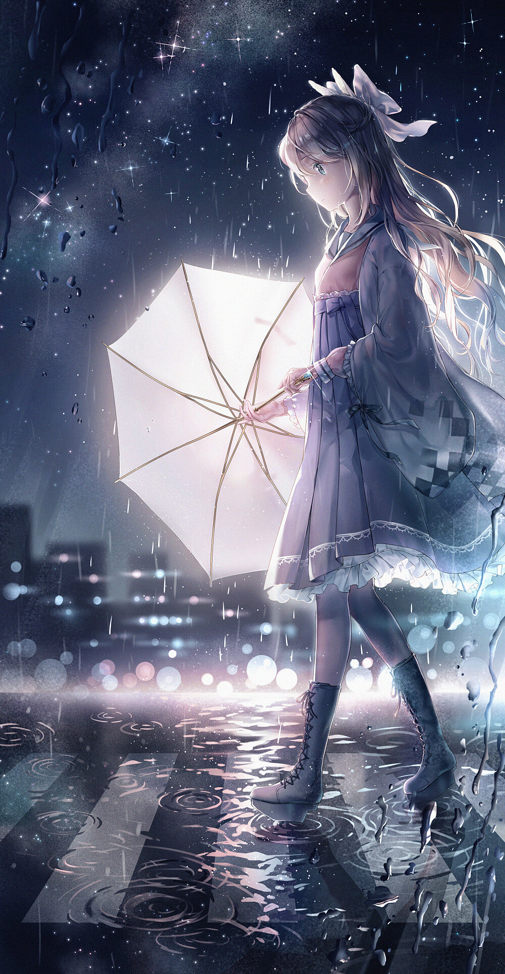 雨天行走的二次元动漫少女，女孩手拿雨伞<span style='color:red;'>下雨</span>天超美意境图片