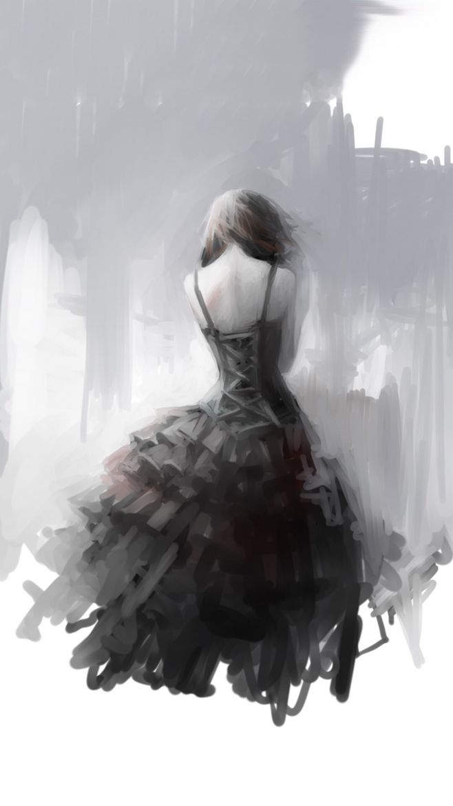 穿吊带婚纱，礼服的伤感忧伤女人，女生背影黑白手绘插画美图