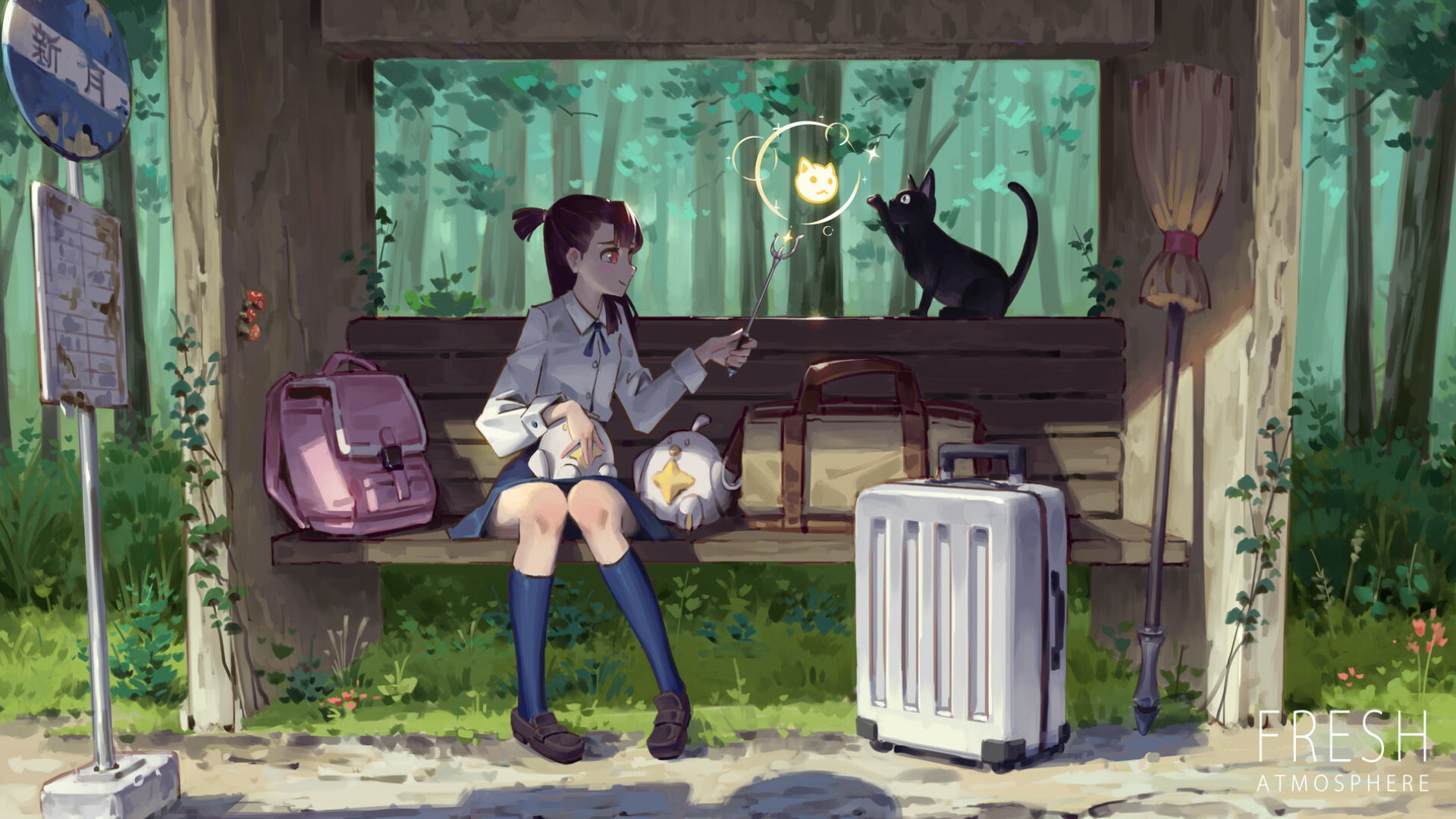 带着行李在车站等车的动漫少女和他的黑猫