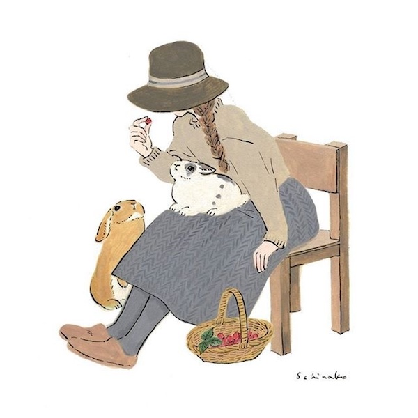少女和兔子，爱兔成痴的日本插画家森山標子清新插画图片
