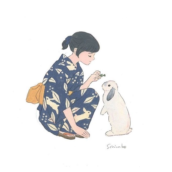 少女和兔子，爱兔成痴的日本插画家森山標子清新插画图片