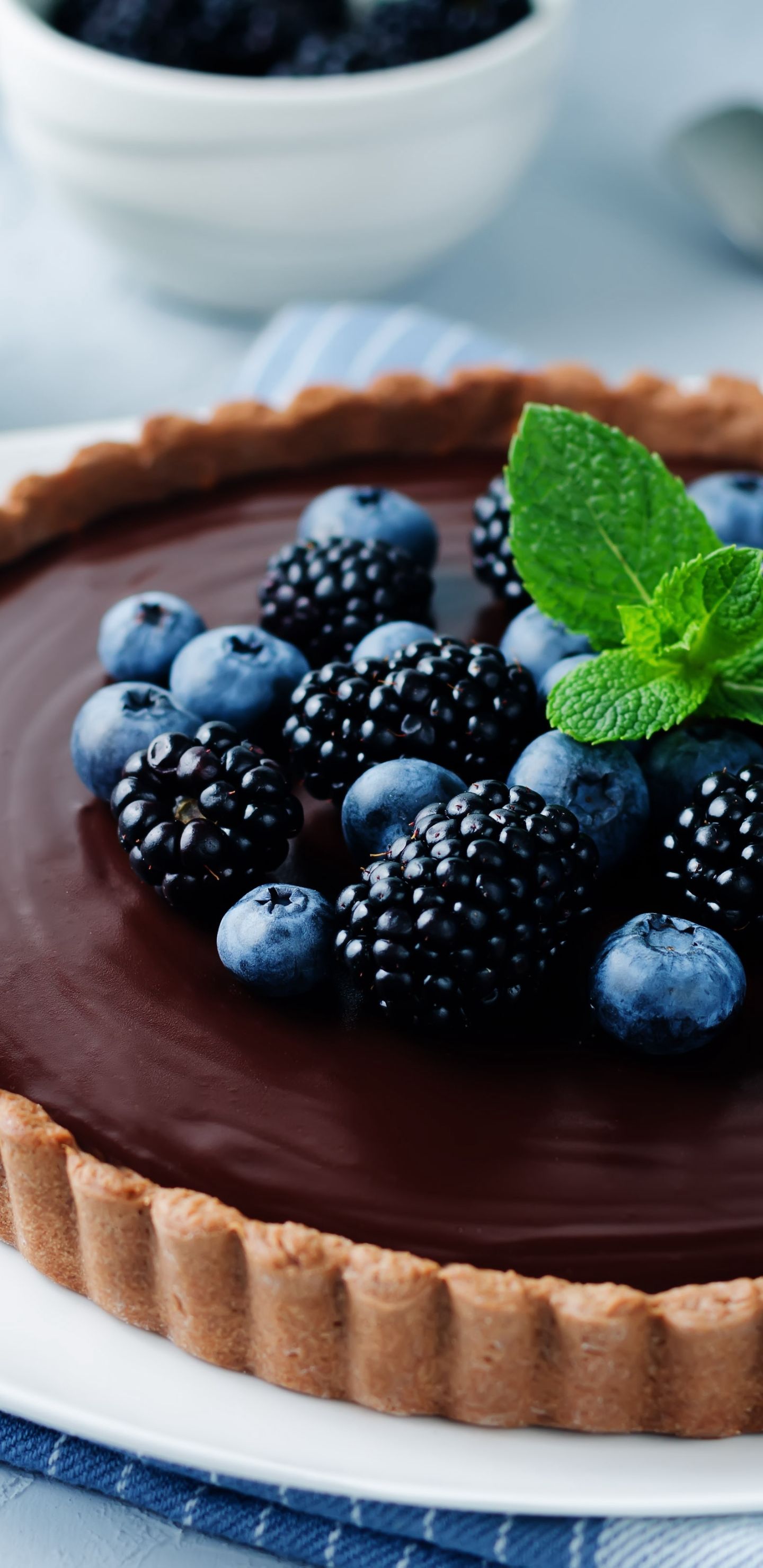 蓝莓 <span style='color:red;'>桑葚</span> 盘子 巧克力蛋糕 高清2K手机壁纸图片 水果