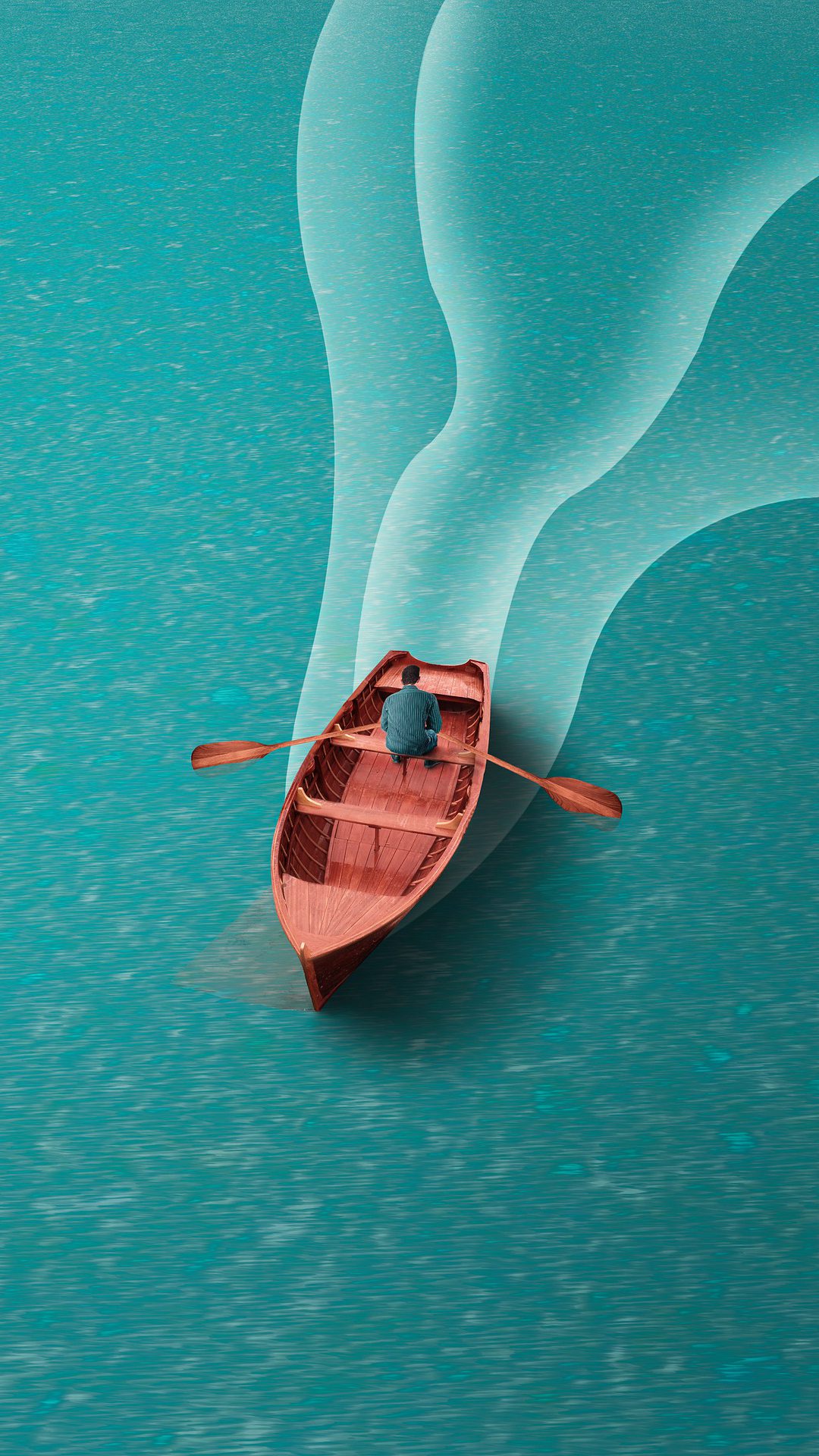 一个划船的男子非主流插画手机壁纸图片 平静蔚蓝的湖面