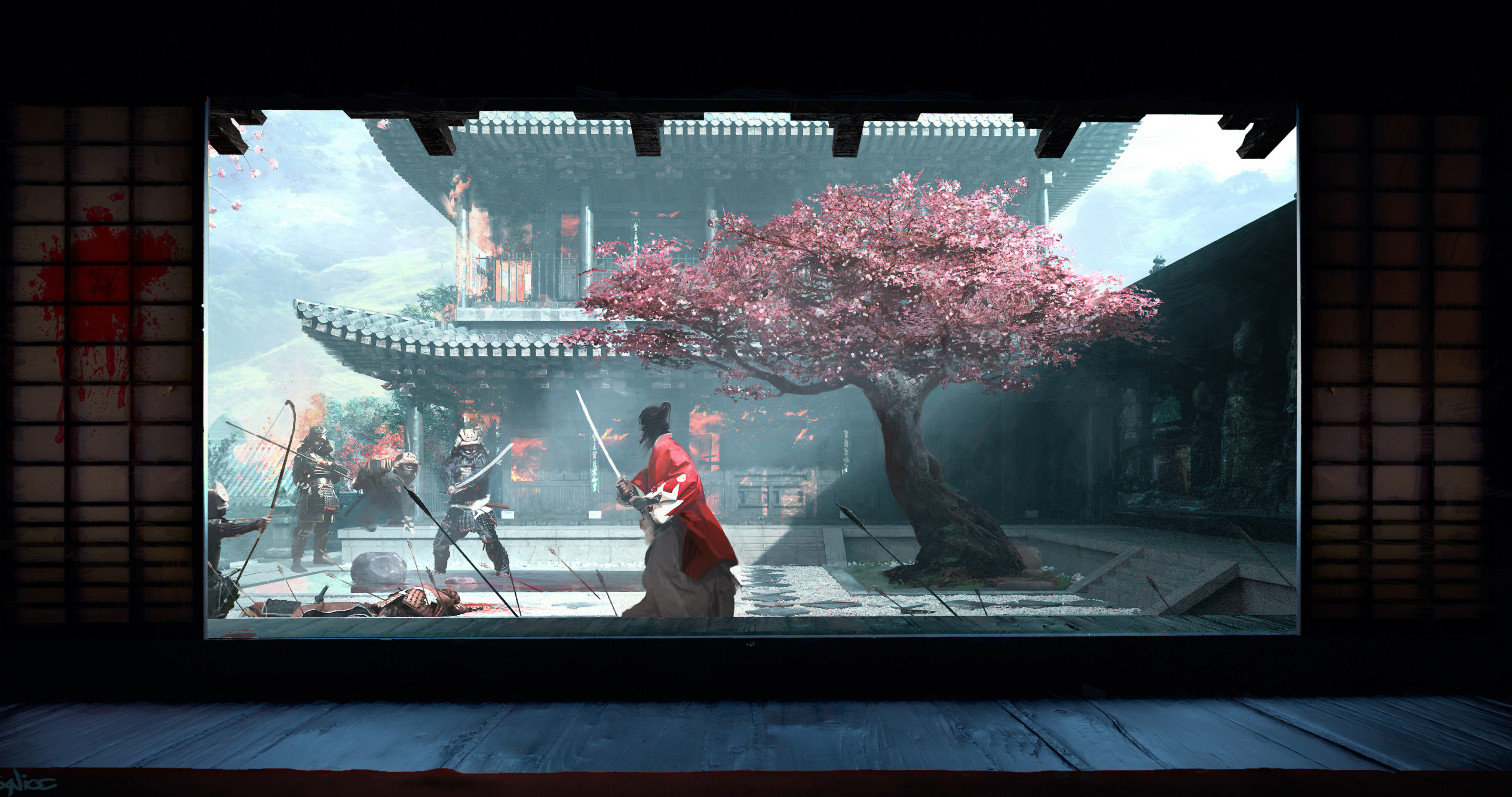 樱花树的院子里拔刀对峙的日本忍者和武士的场景插画壁纸