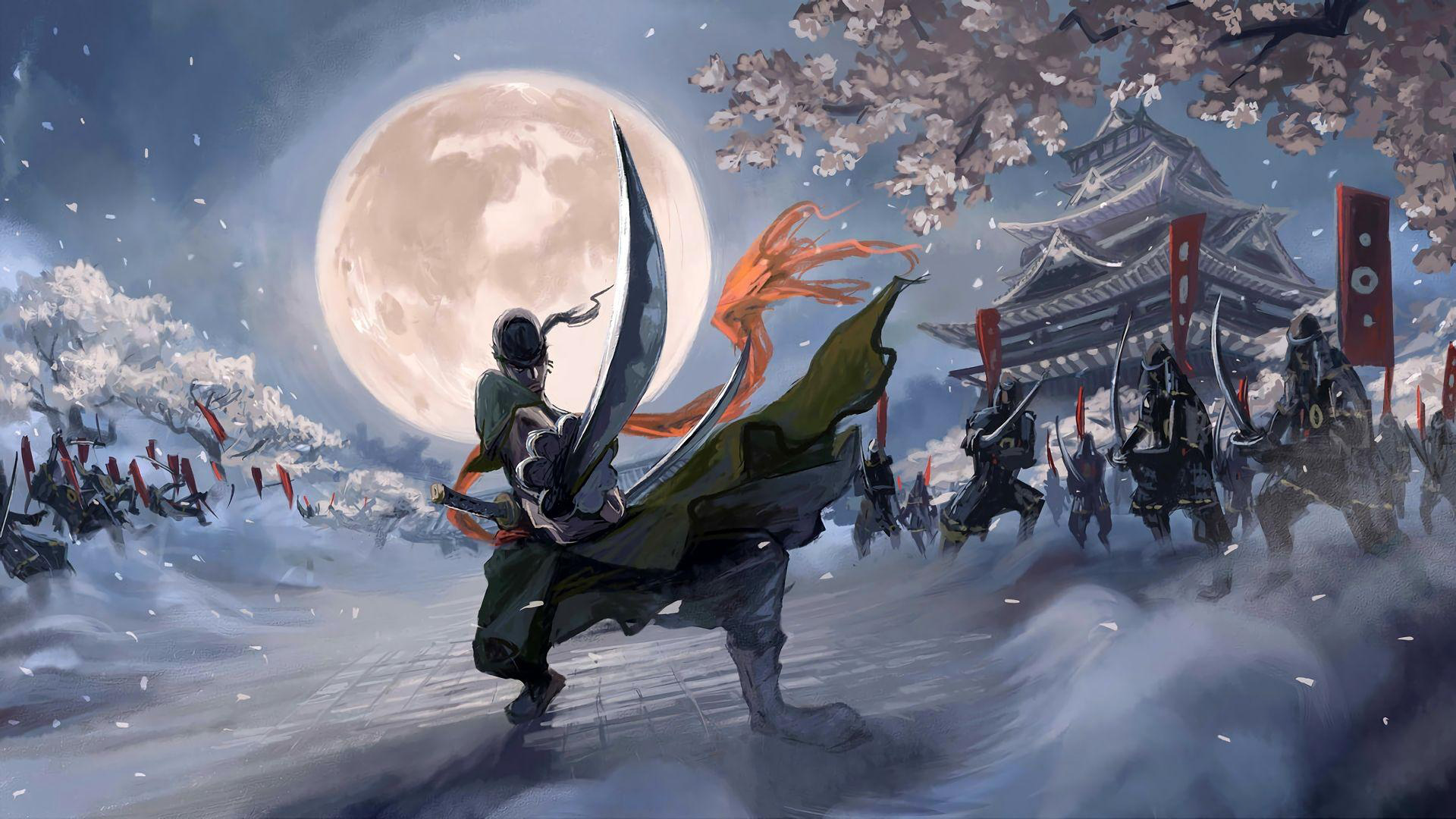 超大的<span style='color:red;'>月亮</span>，排列整齐的日本武士和挥砍武士刀的日系动漫人物