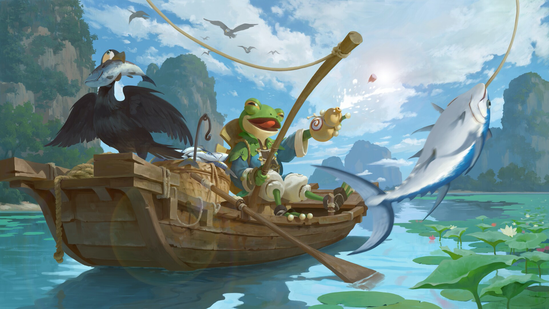 一艘小船，船上坐着钓鱼的青蛙，船头站在叼着鱼的鸬鹚的场景手绘画壁纸图片