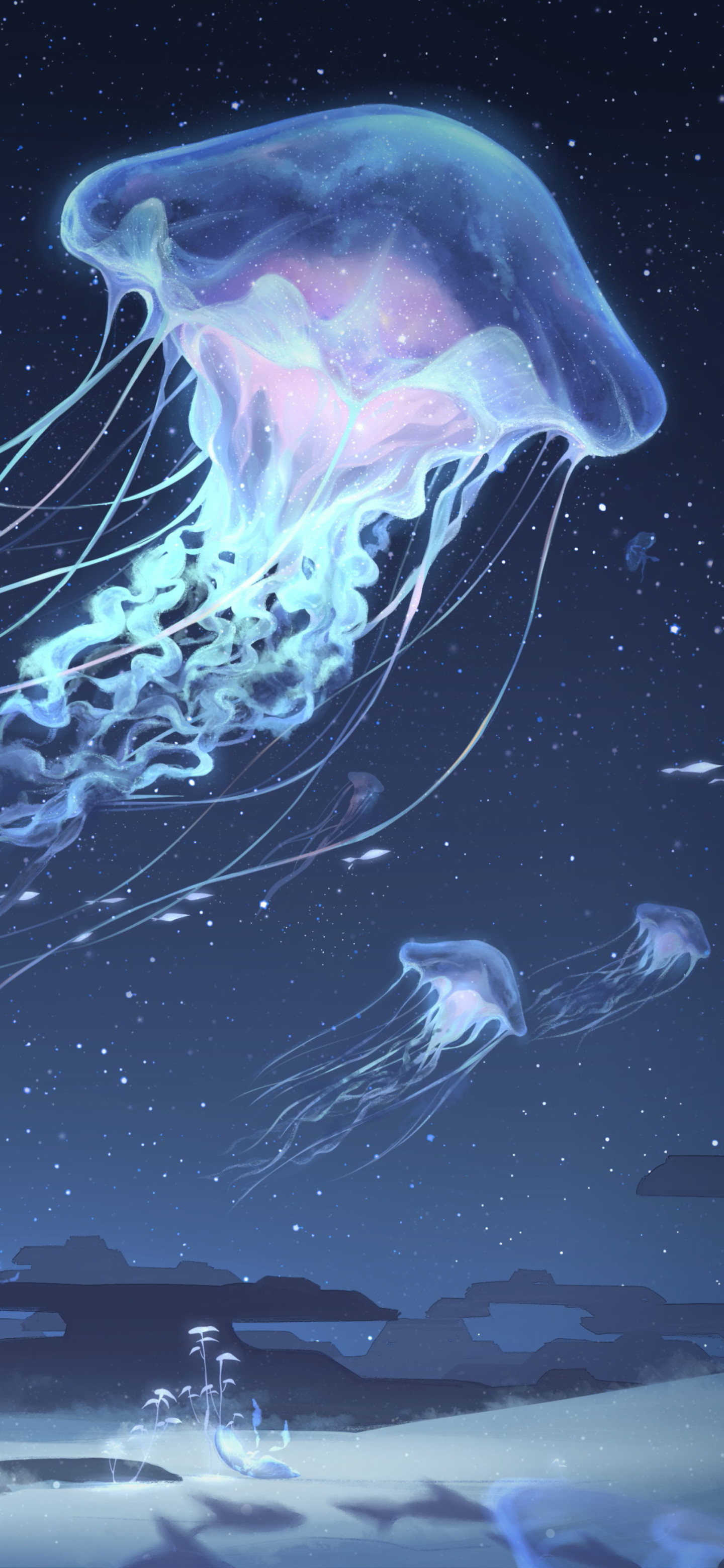 飞在云上的透明水母创意插画手机壁纸