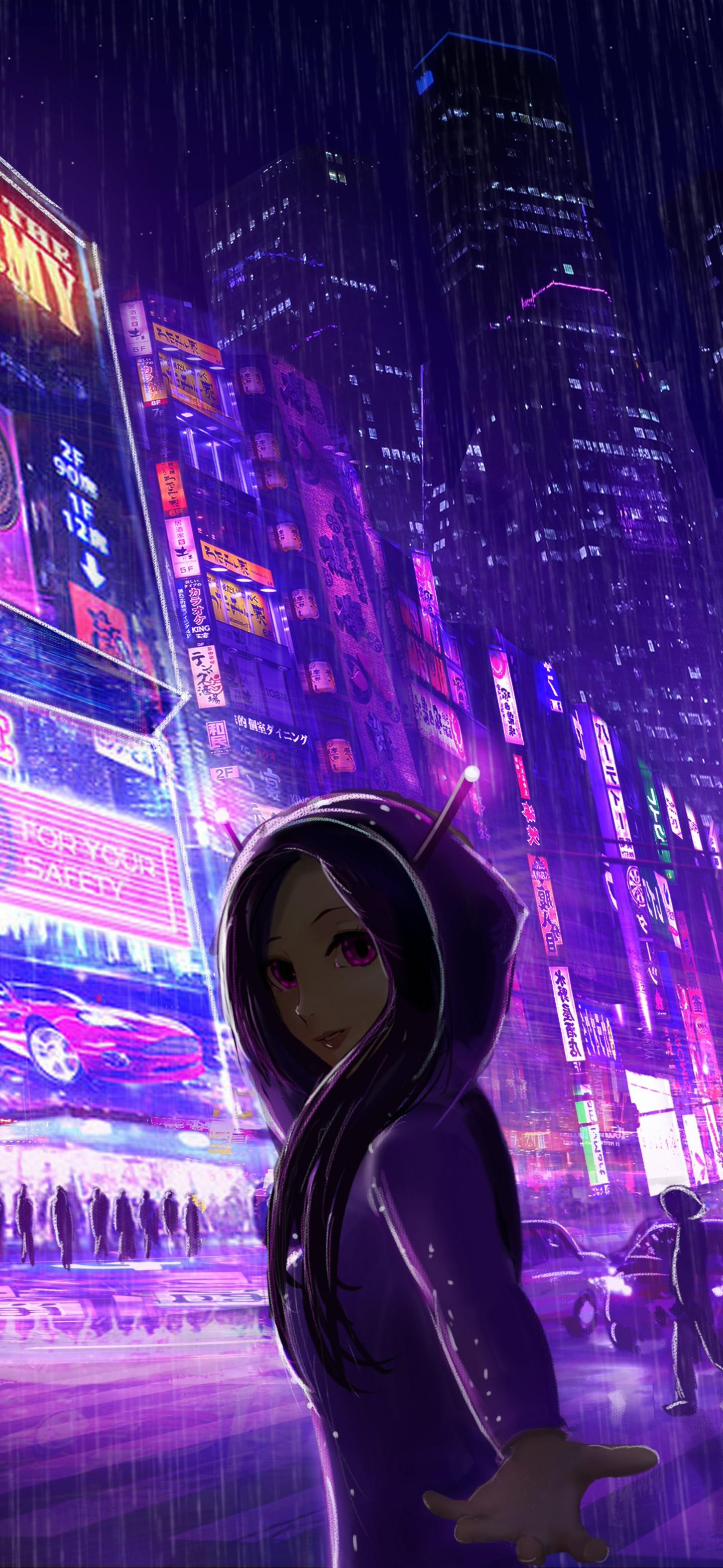 紫色街灯，夜景繁华<span style='color:red;'>城市</span>街道上的动漫女孩