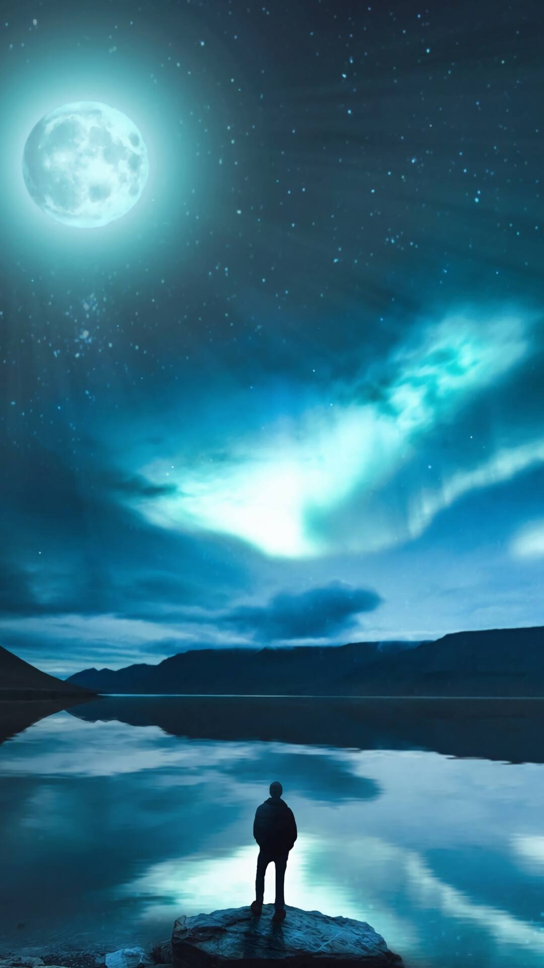 明月，镜湖，岸边的人，唯美的一幅风景手机壁纸