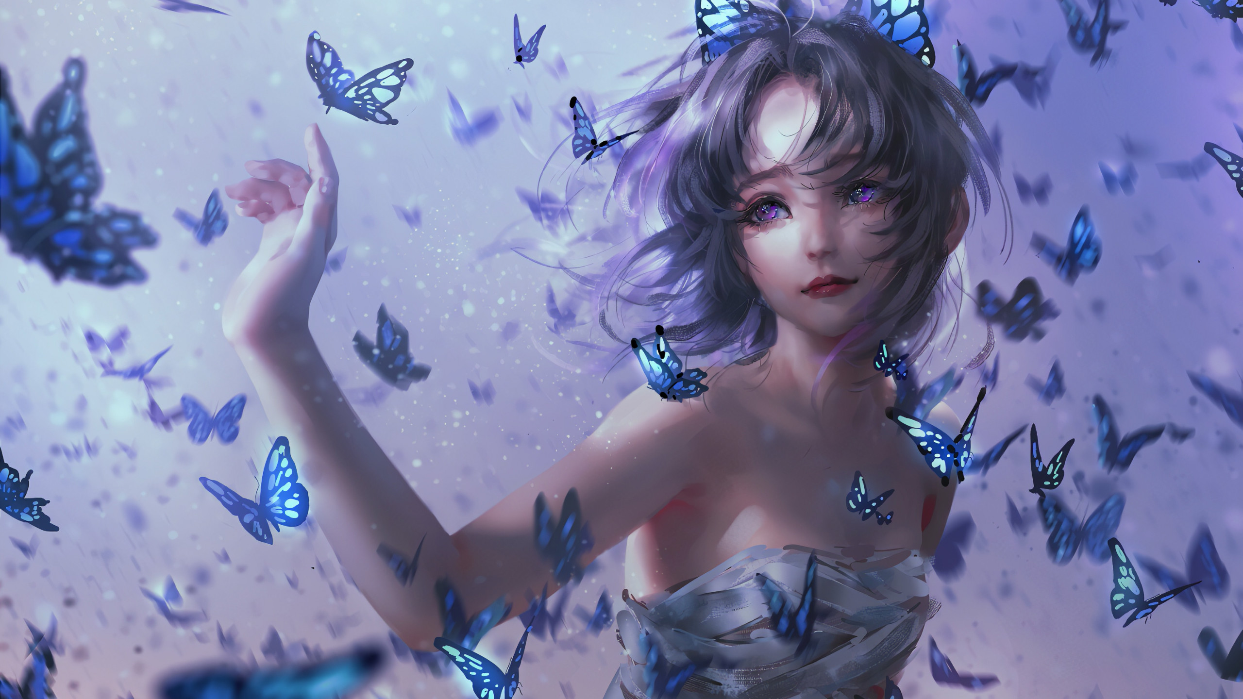 满天蝴蝶围绕身边飞舞的动漫女生电脑壁纸下载