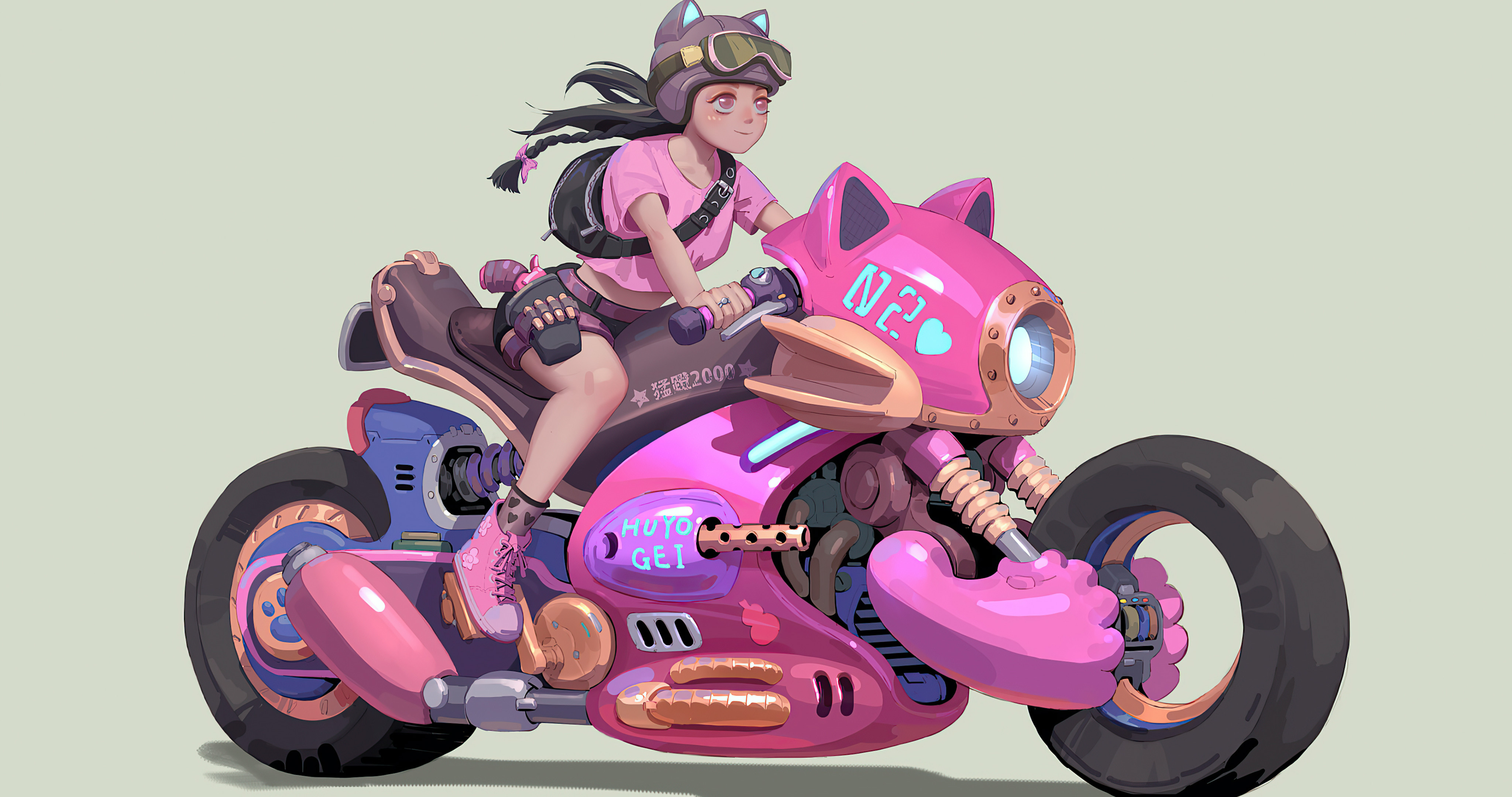 骑粉色摩托车很阳光的的动漫女孩插画壁纸图片