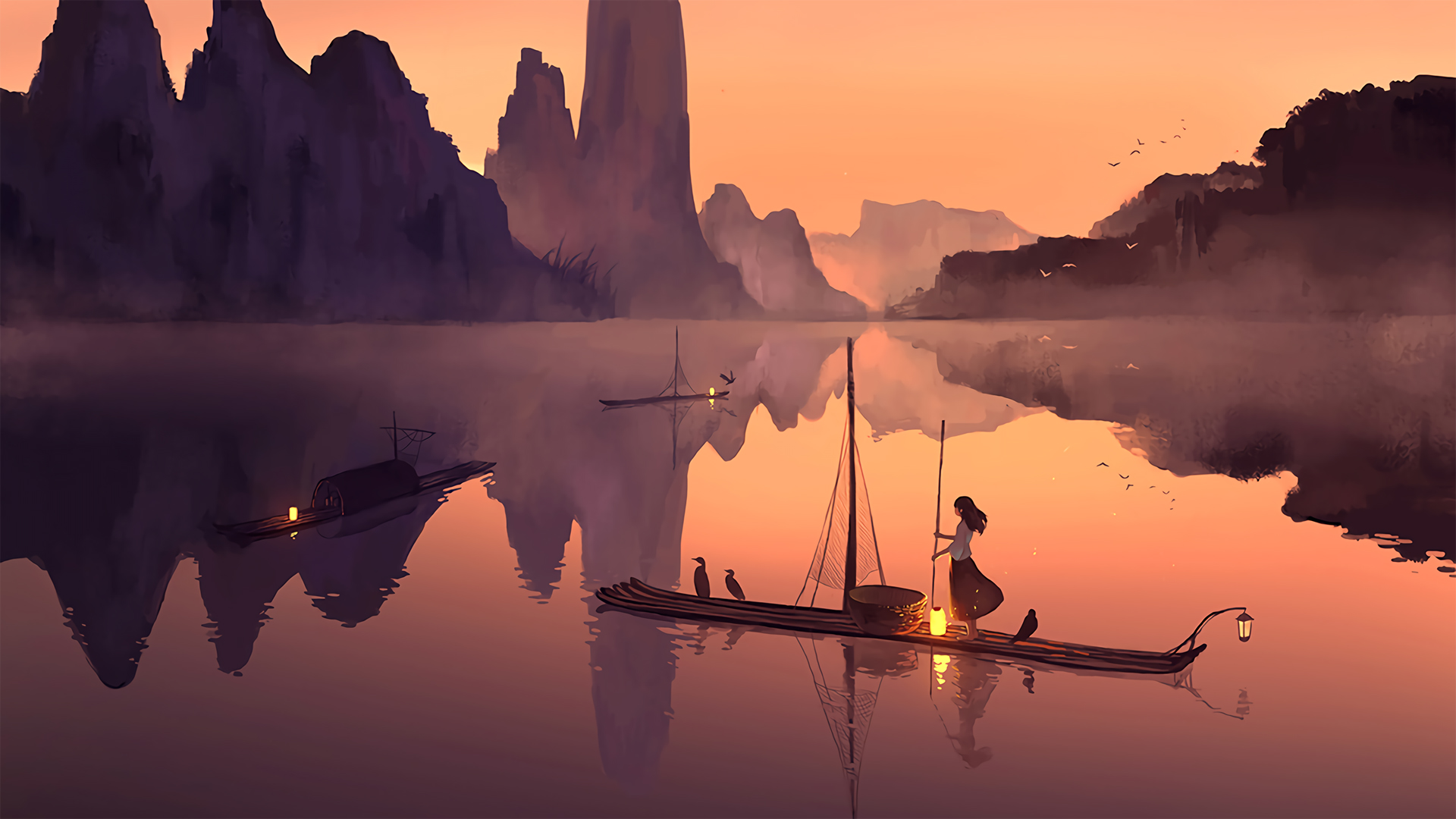 落日下 山水湖泊中 一个划着竹排的渔家少女唯美动漫手绘壁纸图片 黄昏