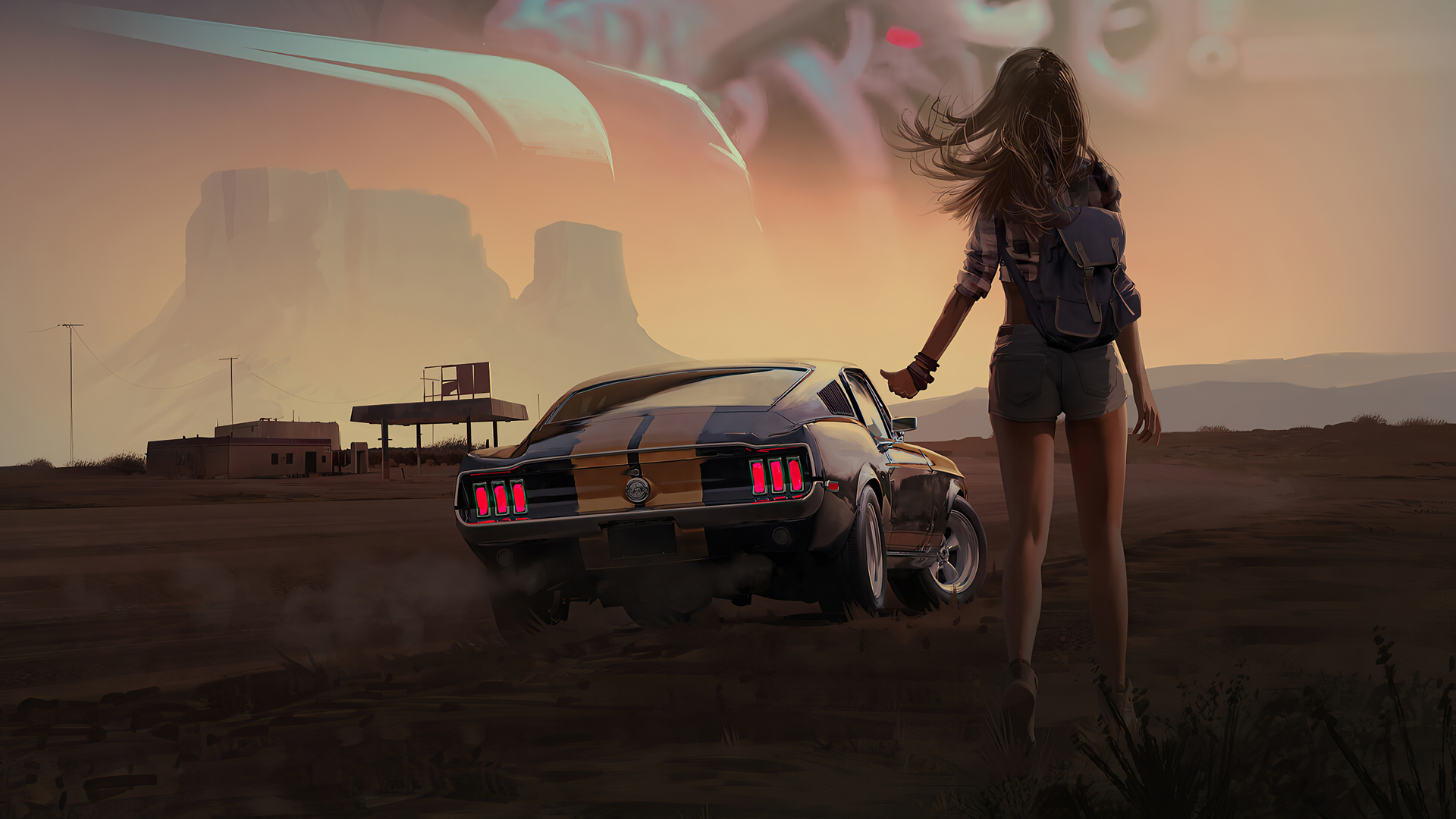 牛仔热裤动漫背包欧美少女背影 跑车 加油站 荒野 高清壁纸图片 少女背影