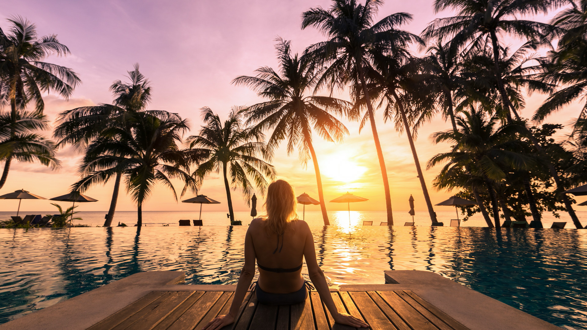 坐在海边木栈道上透过椰树看夕阳的欧美美女电脑壁纸