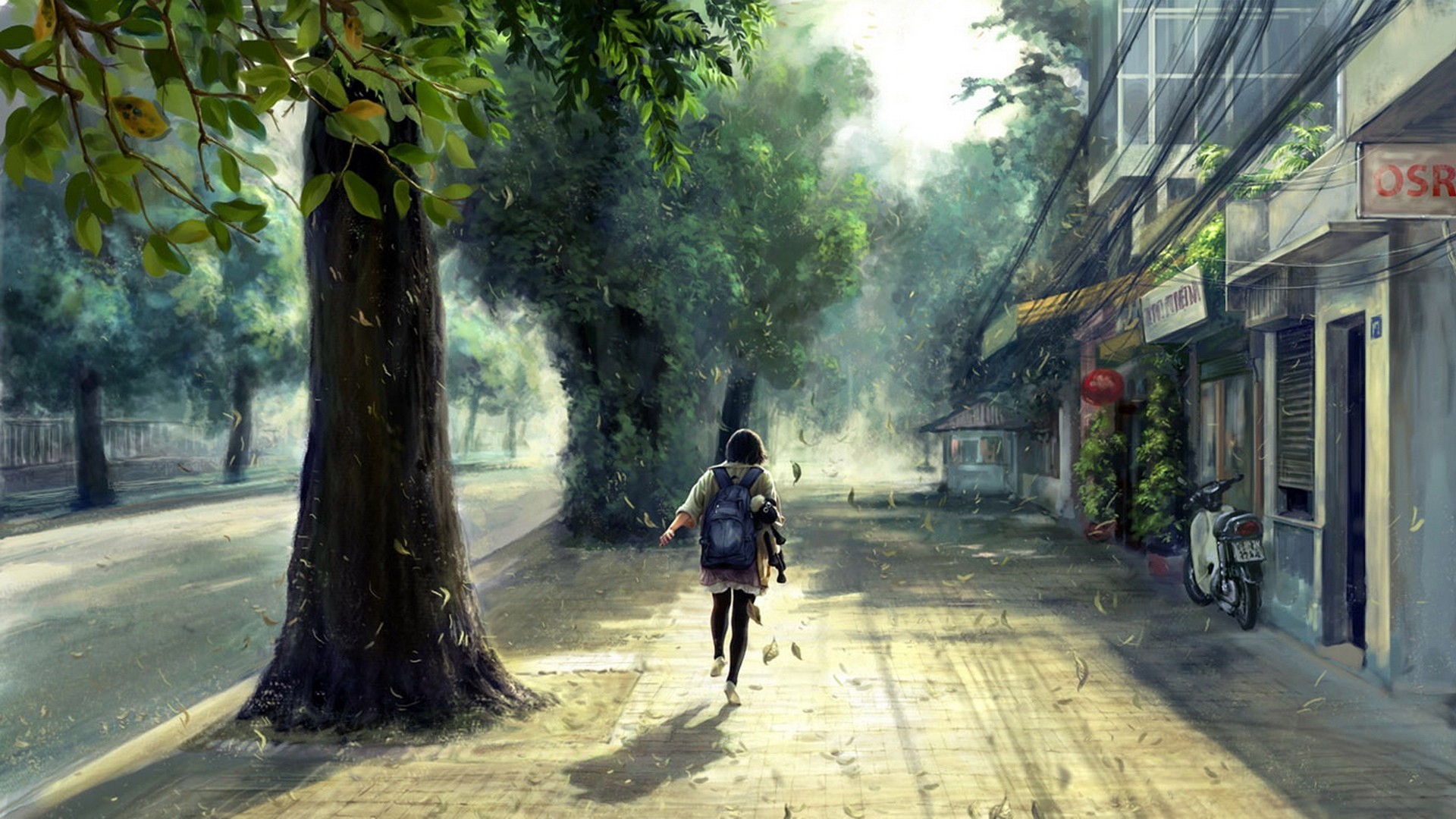 落叶纷纷萧瑟的街道上，一个背着包包的女孩唯美插画壁纸图片