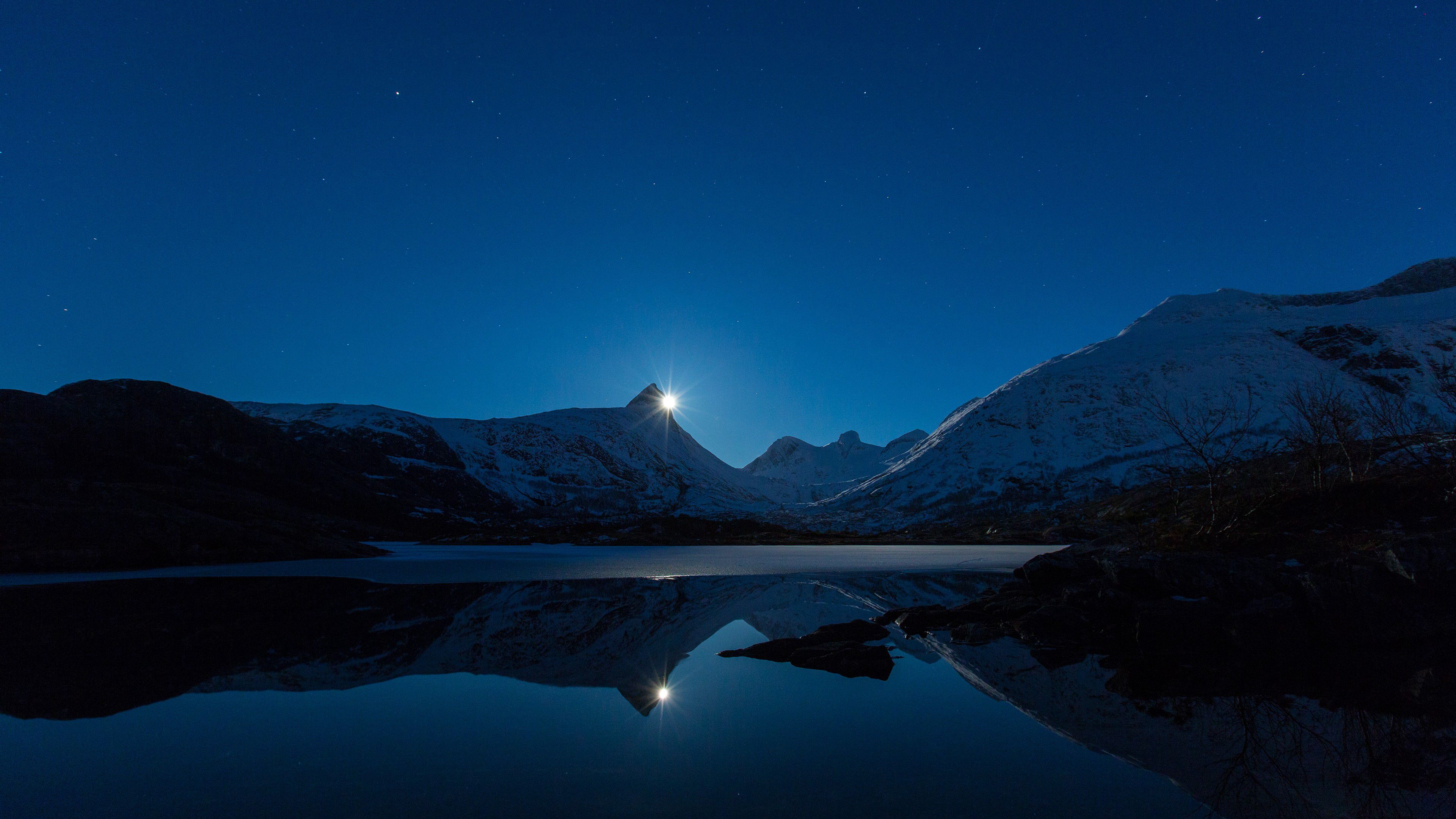 静谧的夜晚，满天的繁星，雪山，湖泊，月光唯美安静景色风光壁纸图片