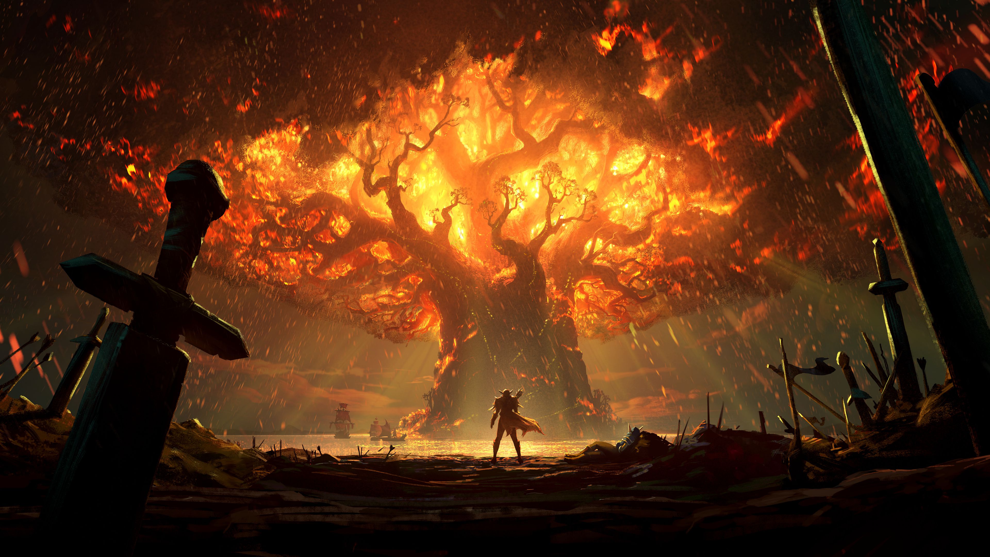 剑冢 遮天蔽日巨大的火树，一个战士的背影唯美科幻感桌面壁纸图片 剑林
