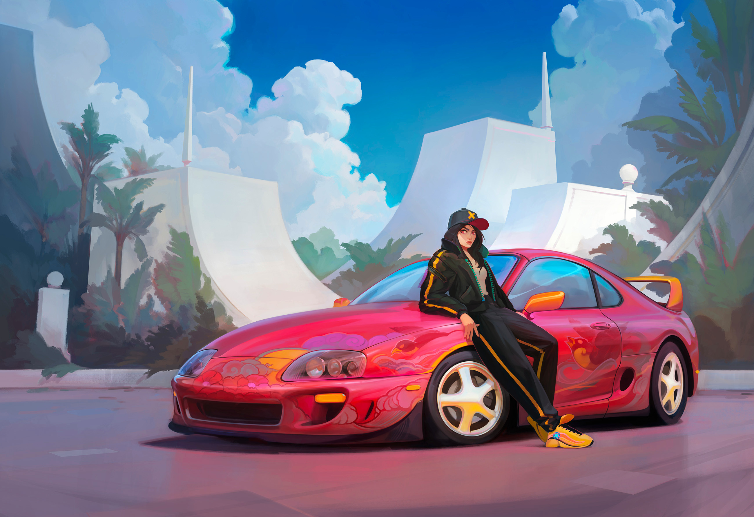 创意的戴鸭舌帽的动漫少女站在红色跑车前的插画壁纸
