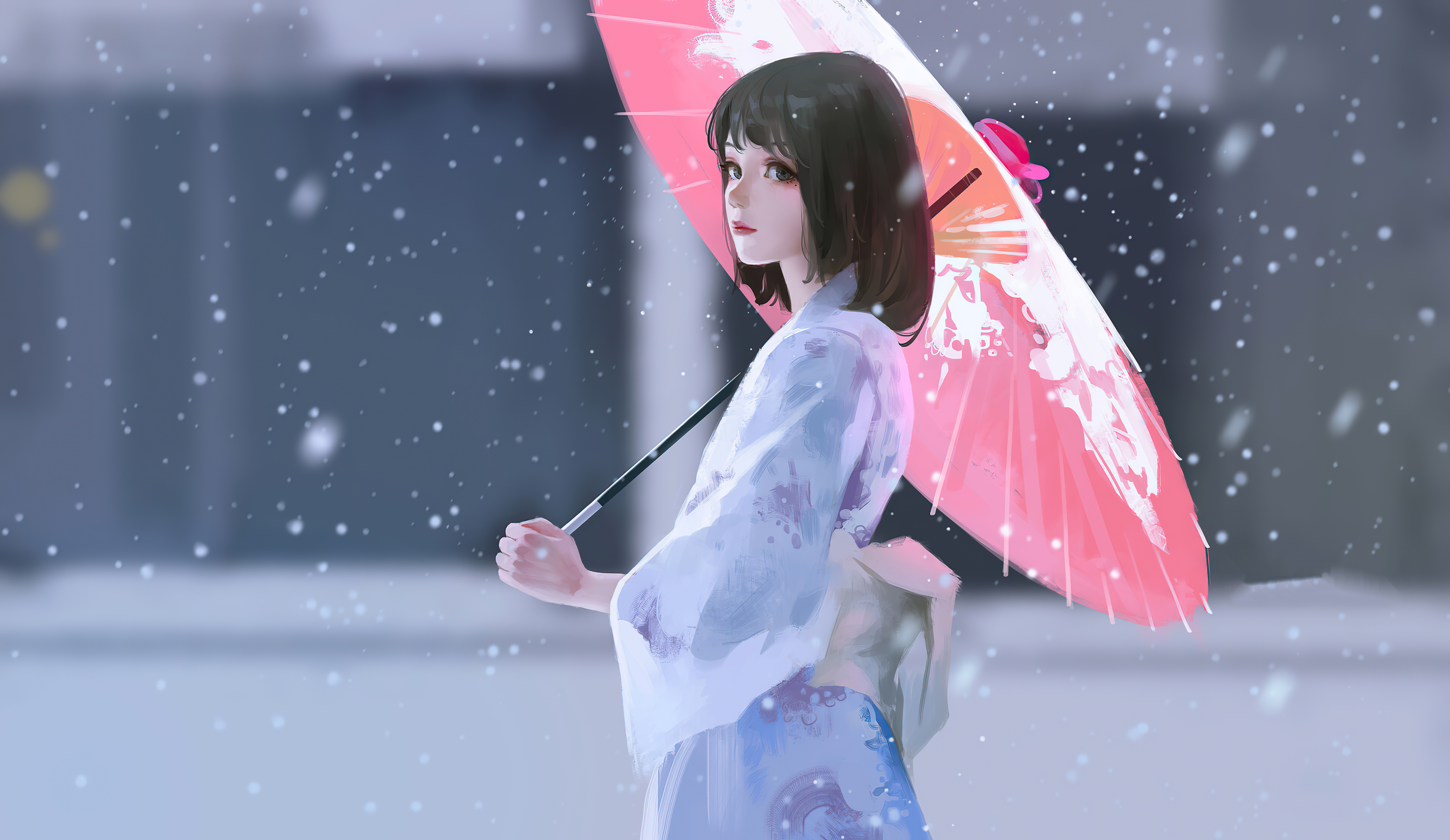 打着伞站在雪中的和服<span style='color:red;'>日系</span>动漫少女桌面壁纸下载