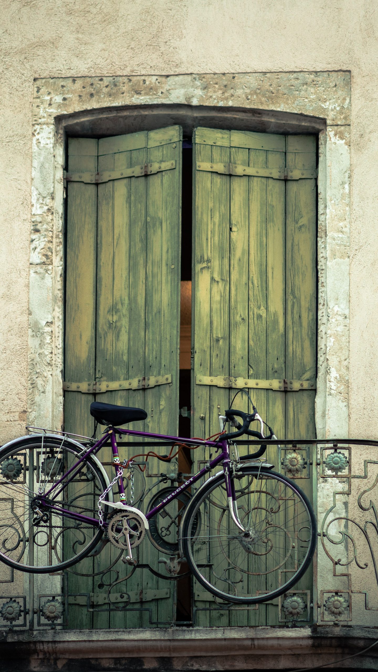 老式 <span style='color:red;'>木门</span> 绑在铁栏杆上的自行车唯美复古手机壁纸图片 情怀壁纸