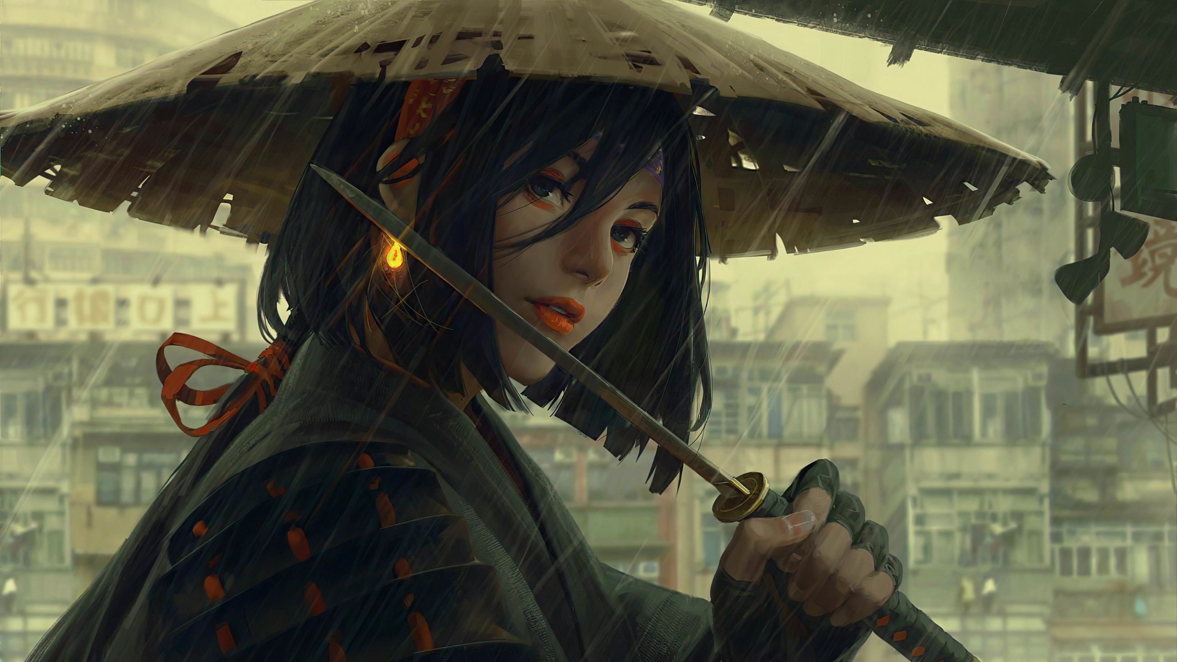 在雨中，戴着斗笠，手拿长匕首的二次元动漫女武士角色壁纸图片