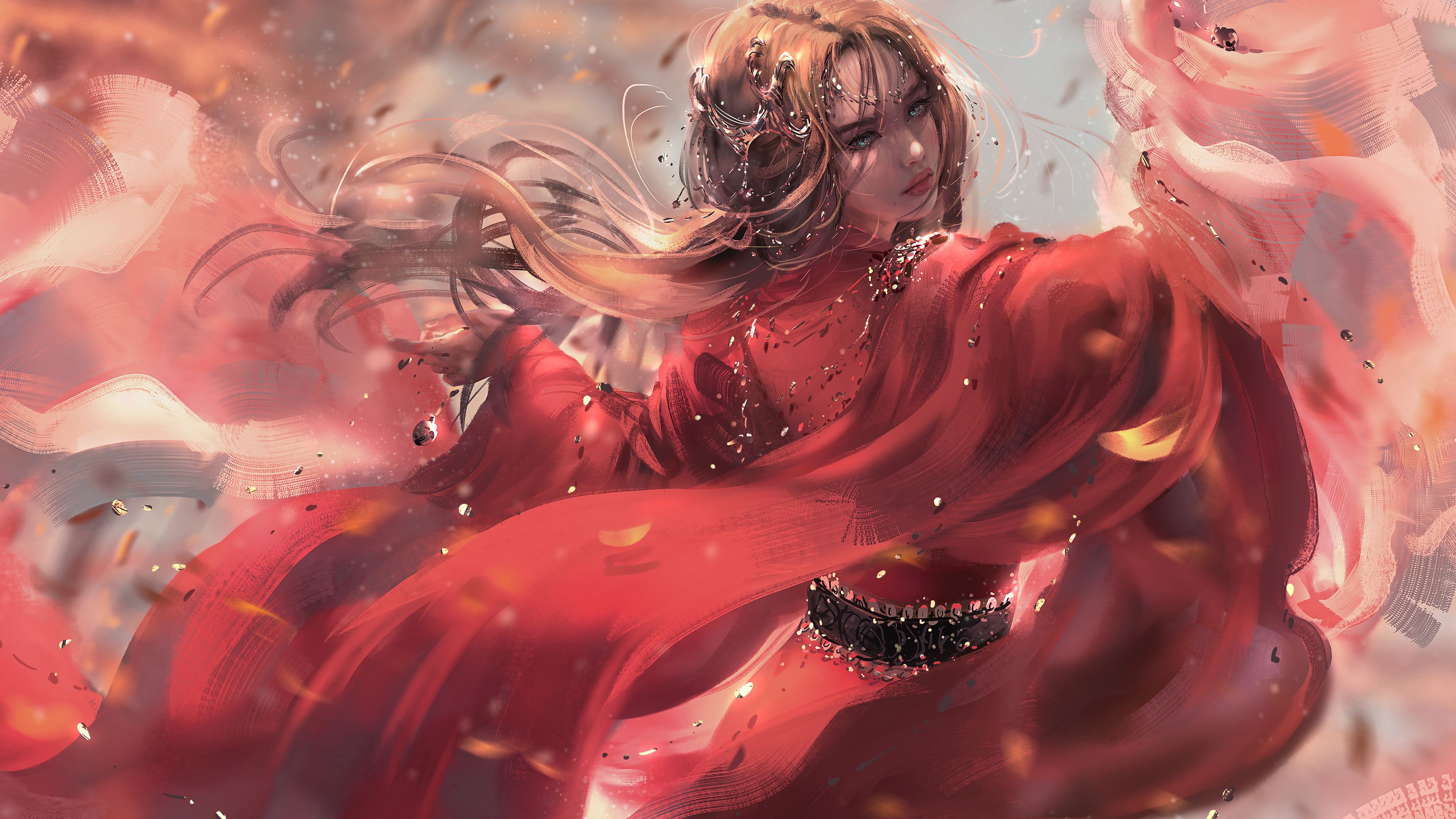 唯美动漫女角色壁纸图片 随手起舞的动漫美女，红裙，华丽的头饰，<span style='color:red;'>中国风</span>