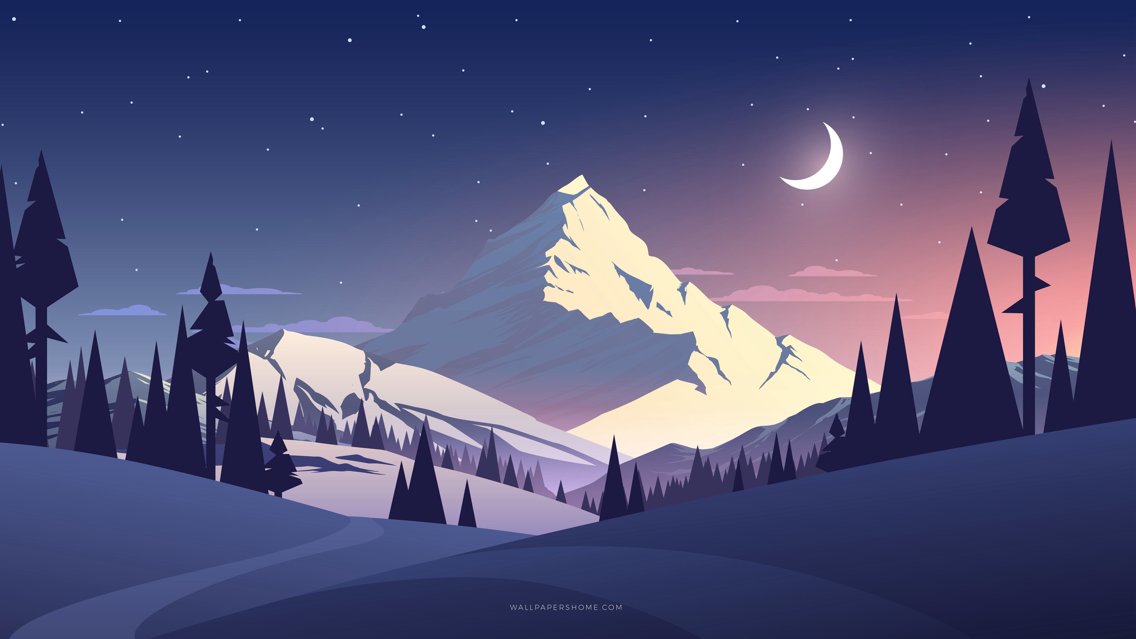森林 月亮 弯弯的月 唯美雪山森系风景插画图片 <span style='color:red;'>月色如华</span>，雪山