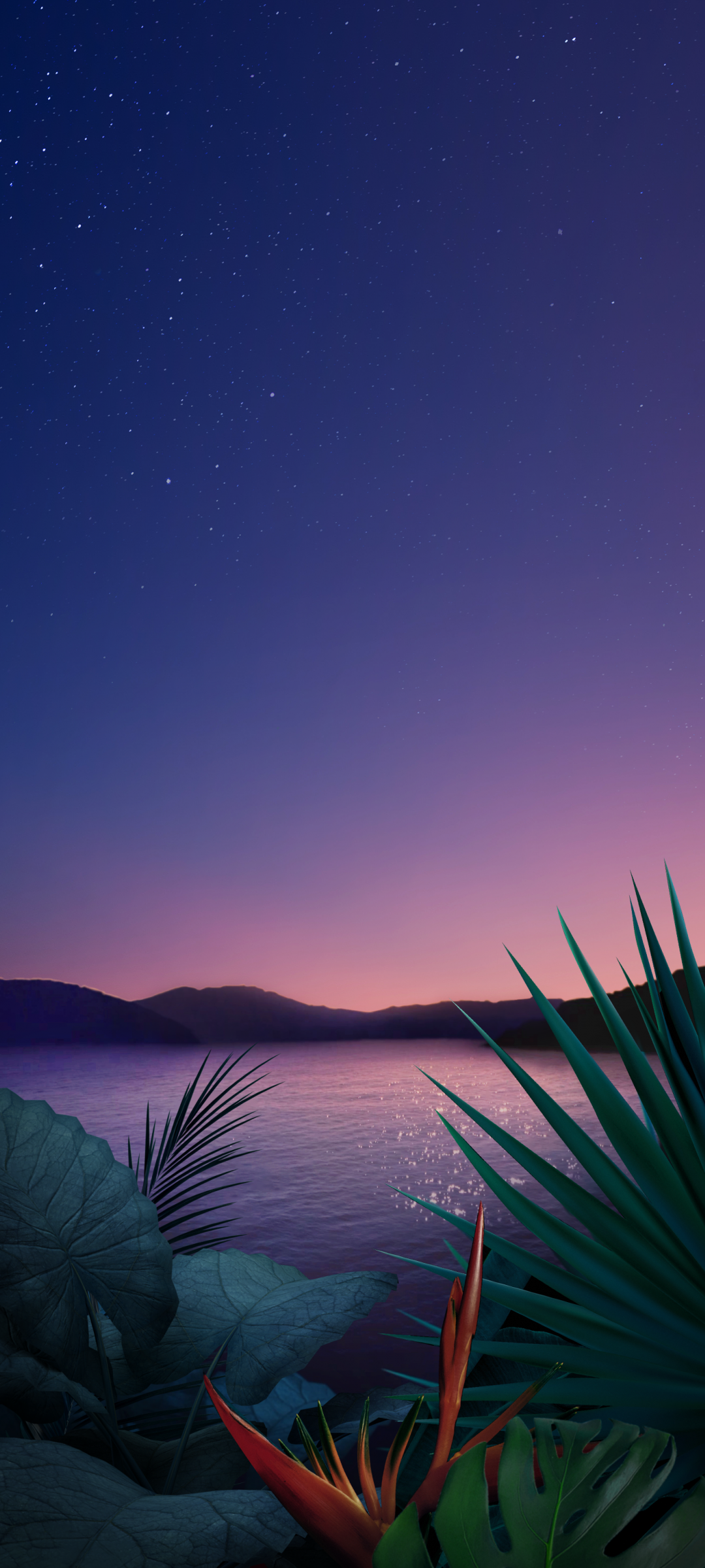 黄昏，波光粼粼的湖面，叶子，星空，山等唯美景色手机壁纸图片
