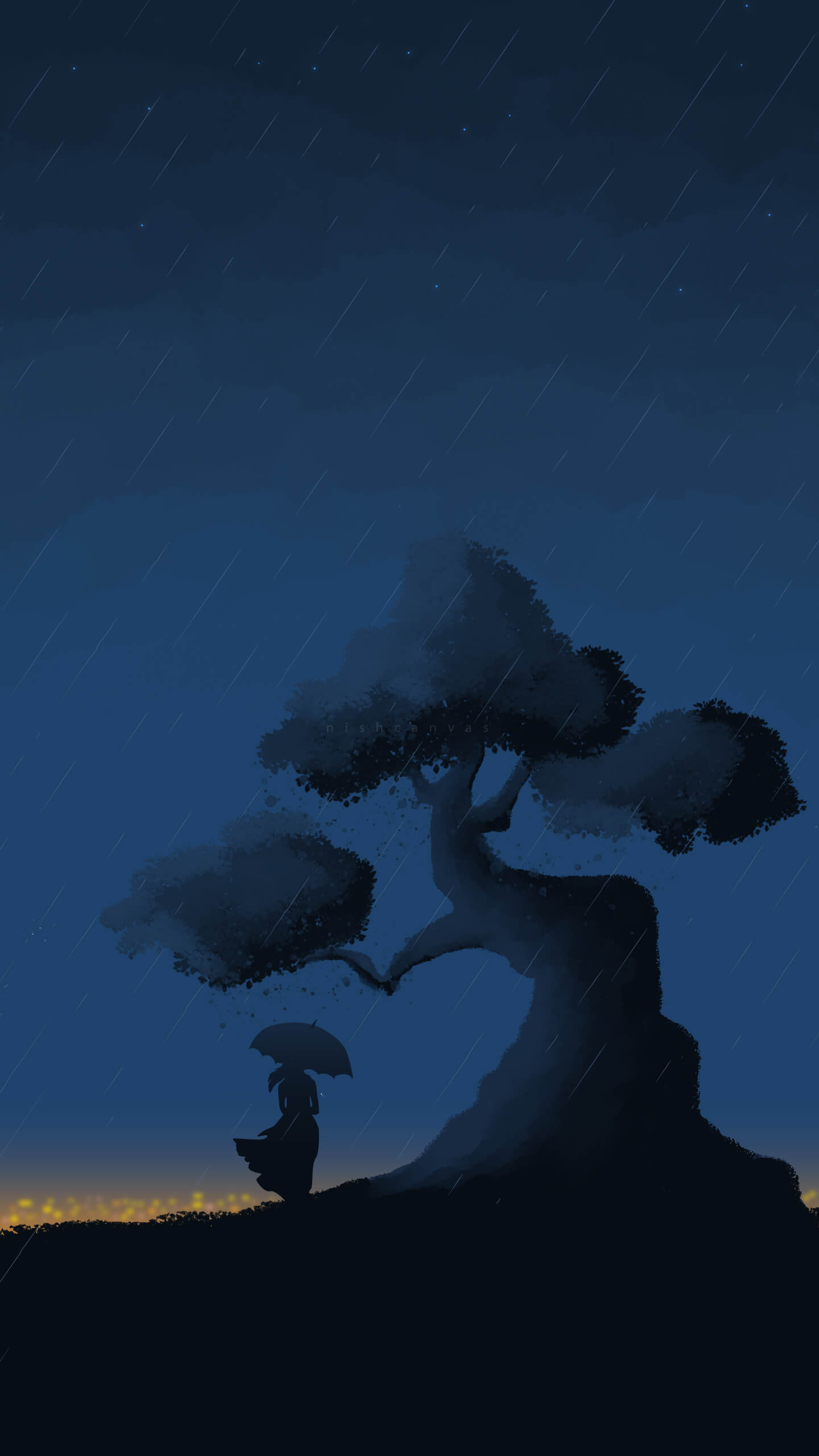 下雨的夜、远处的一刻树，以及撑着伞的人儿唯美高清2K手机壁纸