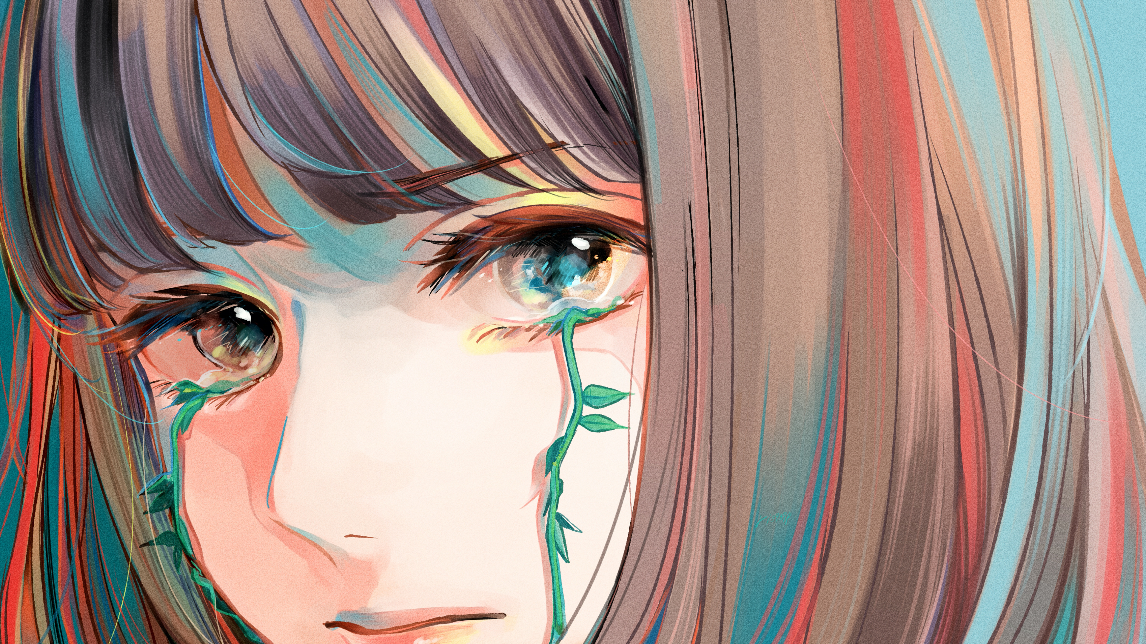 七彩发色留着植物眼泪的动漫女生手绘壁纸