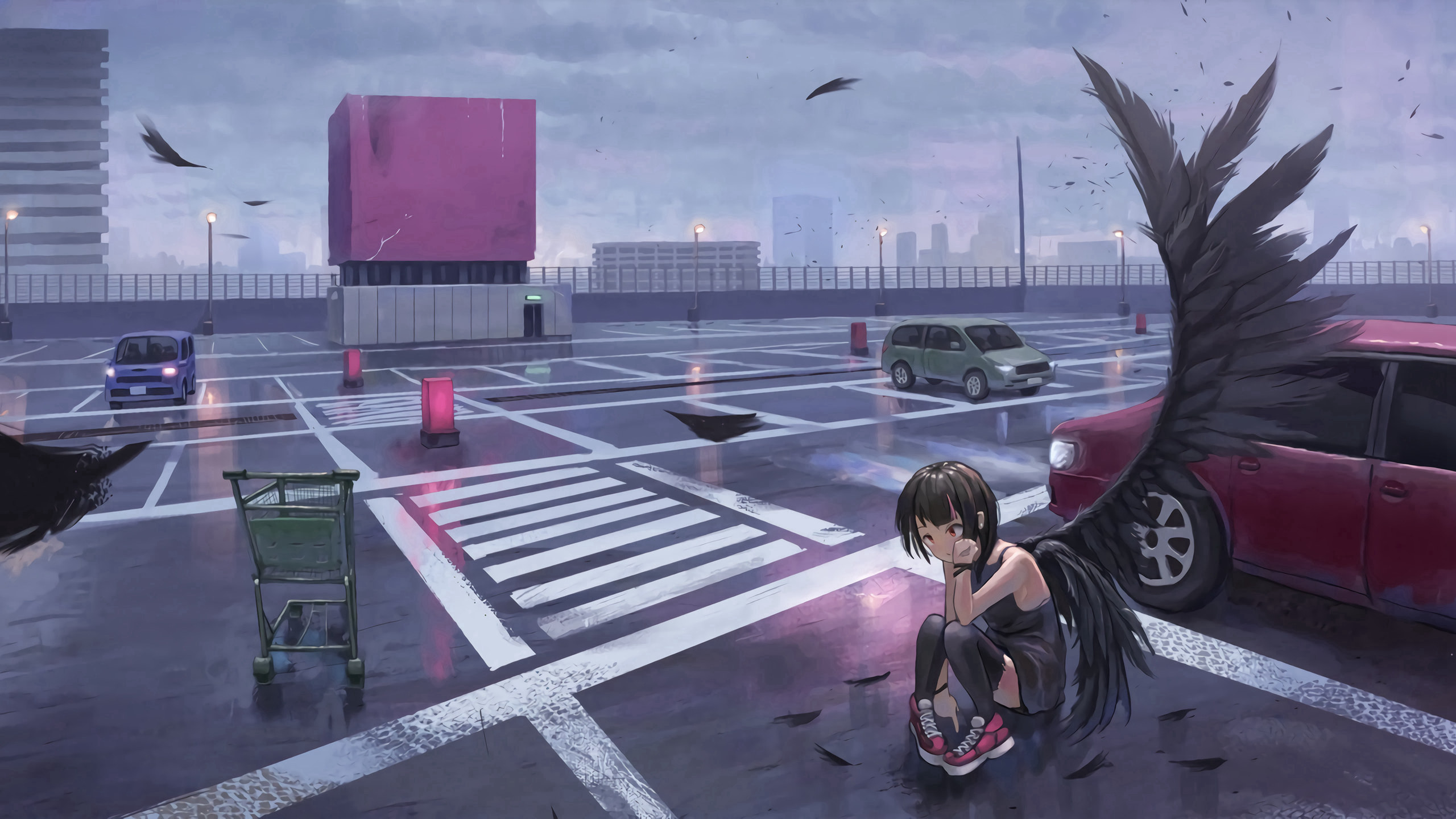 蹲在城市<span style='color:red;'>停车场</span>里长着黑翅膀的动漫少女桌面壁纸