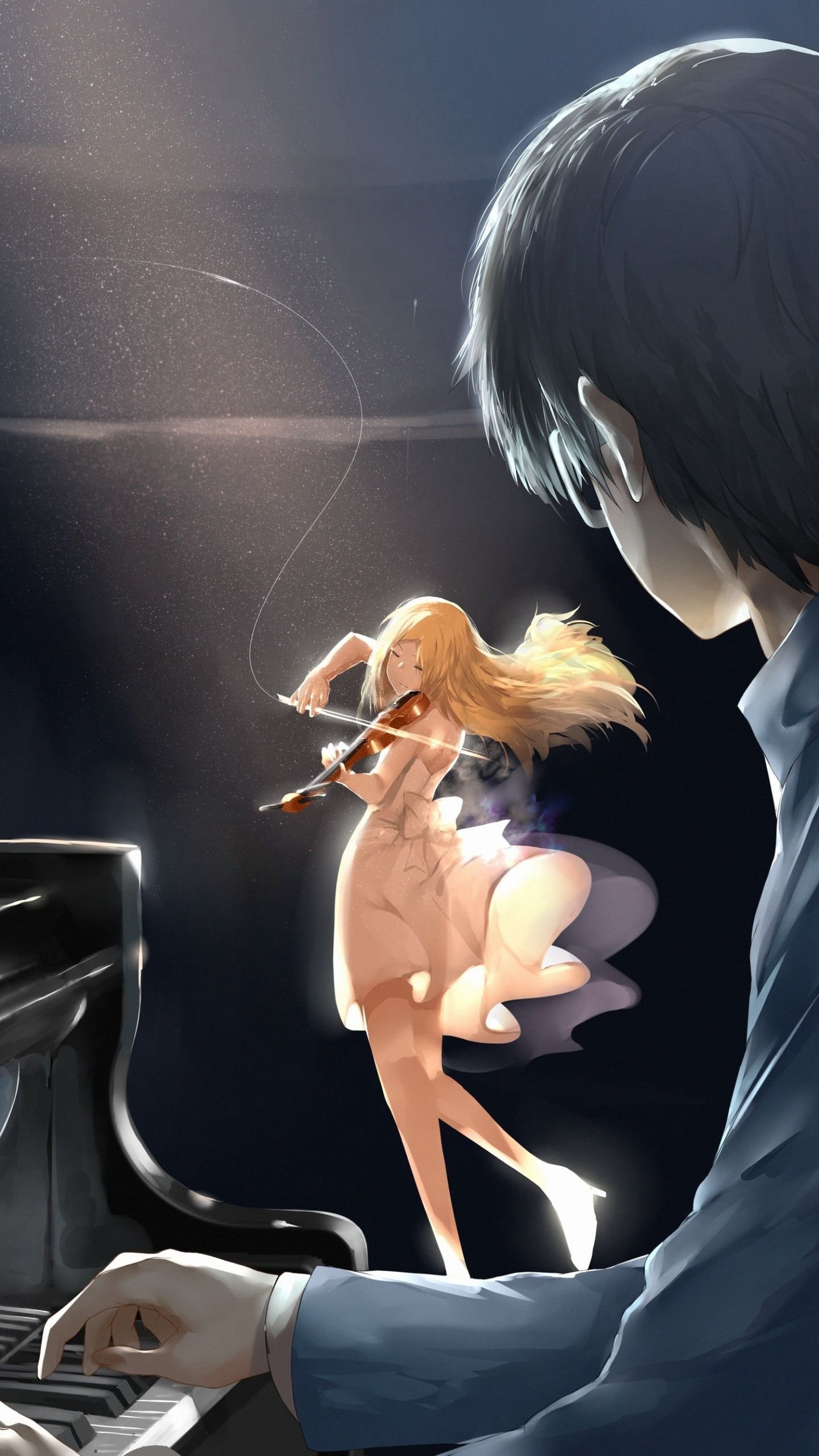 舞台上，弹钢琴的动漫男孩，和拉小提琴的美丽连衣裙动漫女孩