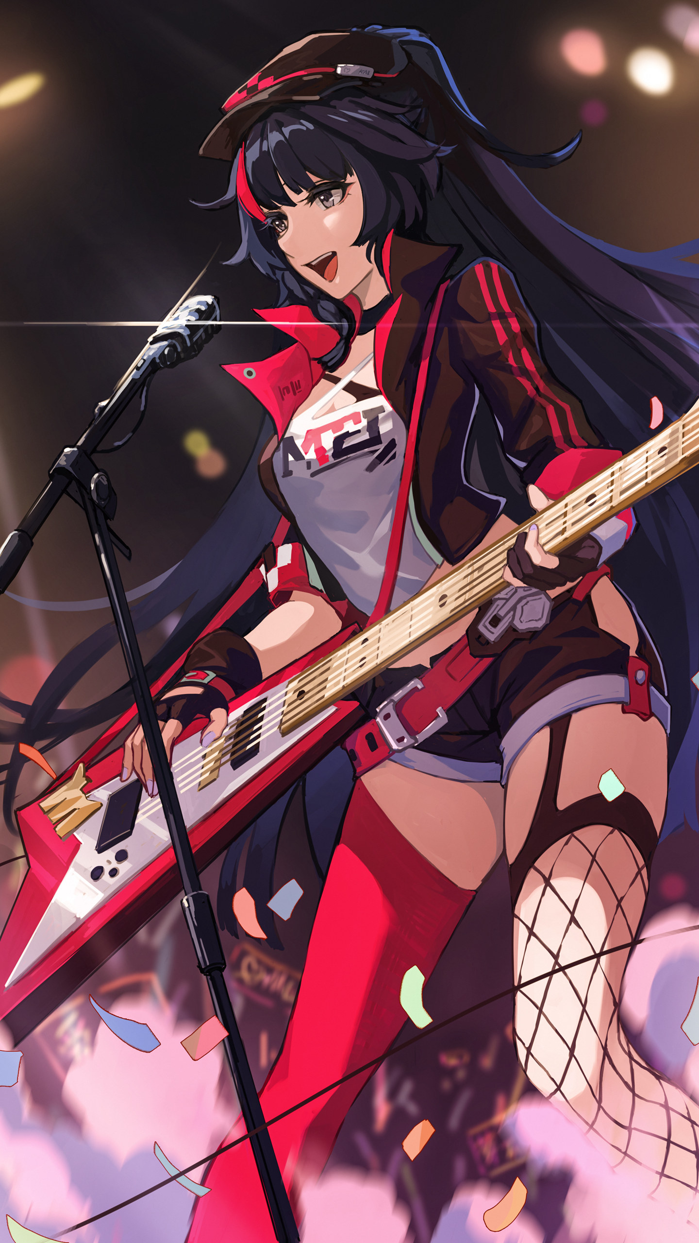 舞台上弹电吉他<span style='color:red;'>唱歌</span>的性感长腿动漫女生