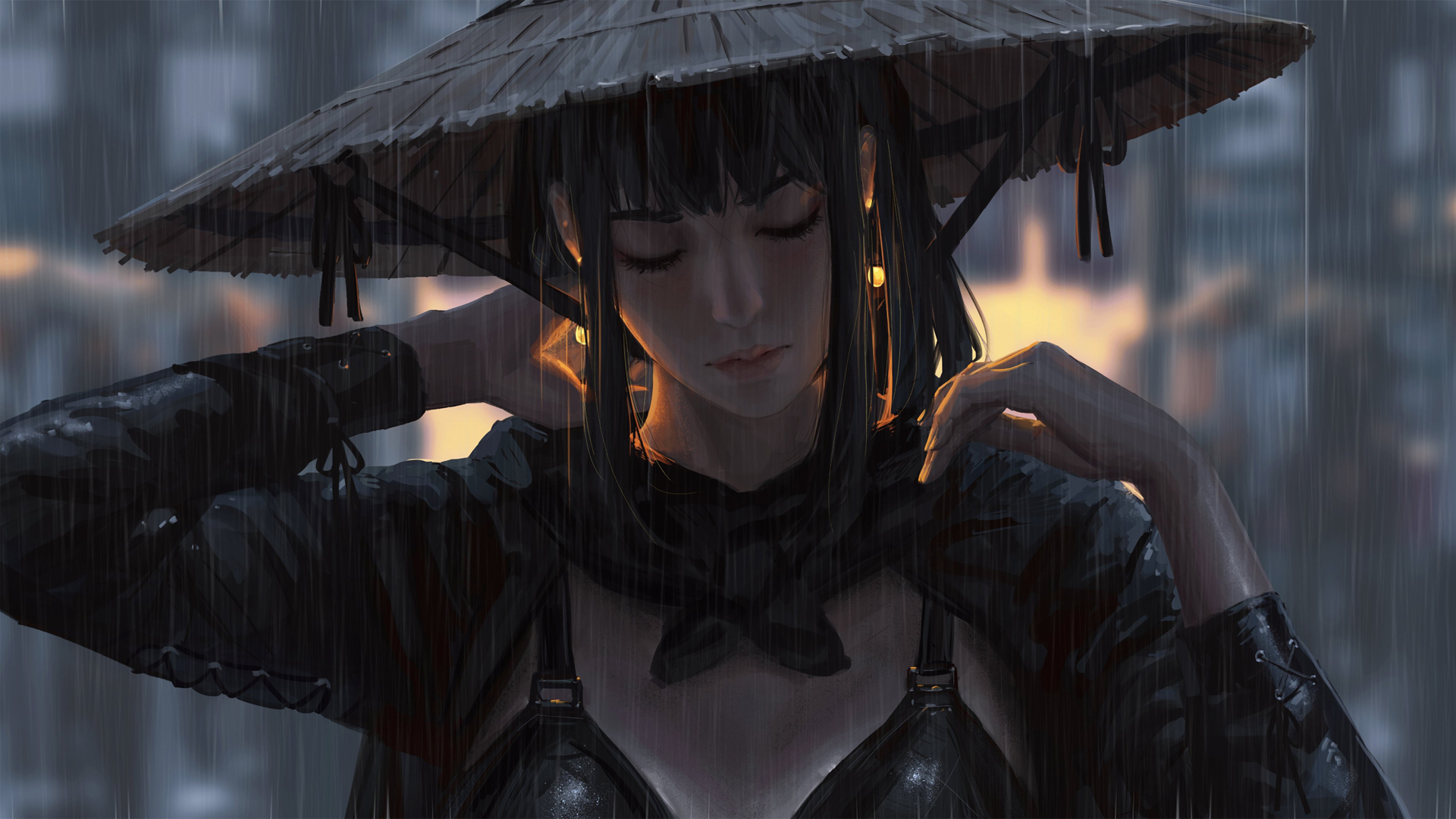 雨夜，雨中少女，戴着斗笠在雨中的性感好看动漫美女高清壁纸图片