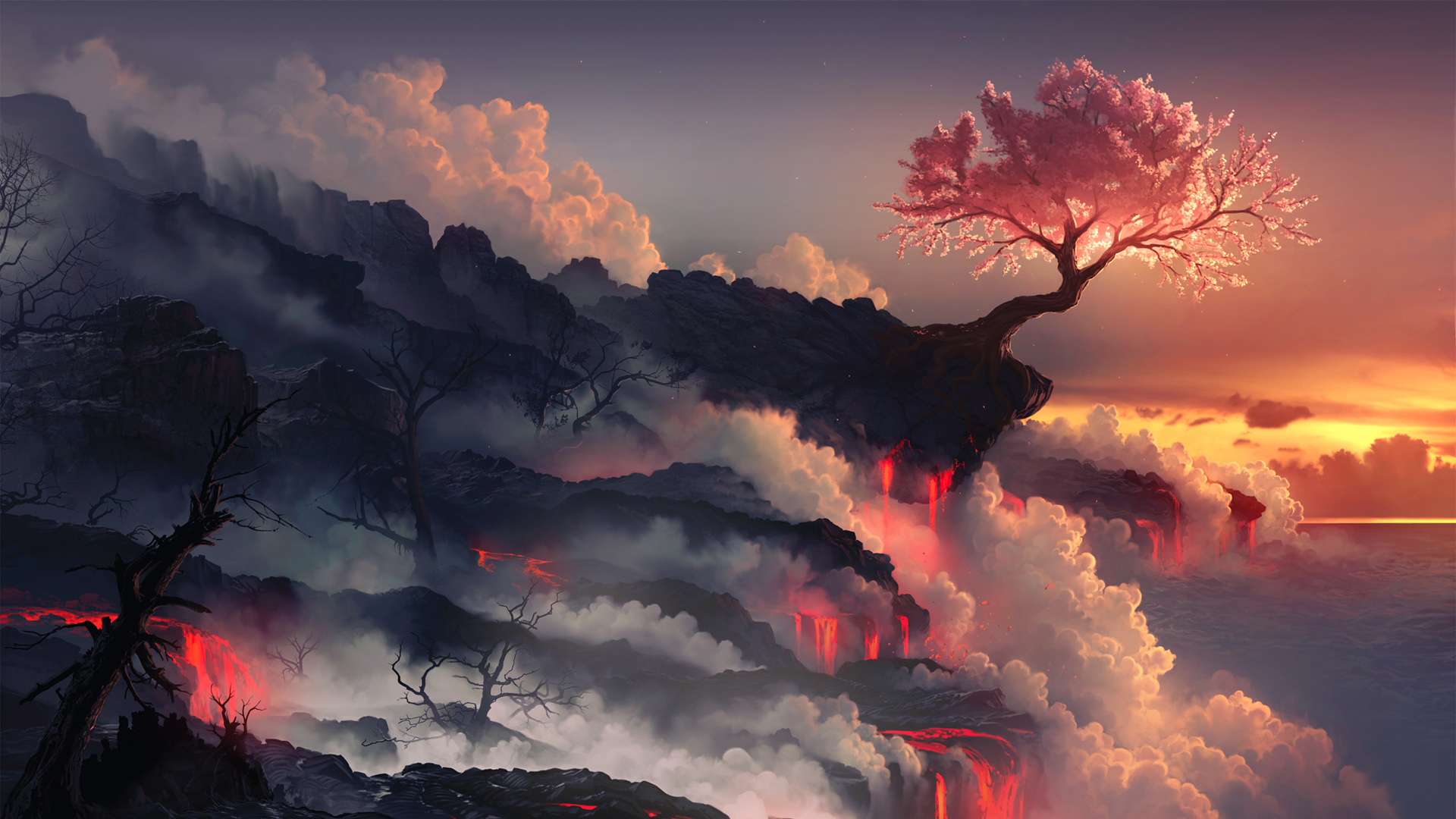 火山岩浆悬崖边上顽强生存的树和枯树唯美<span style='color:red;'>插画壁纸</span>图片