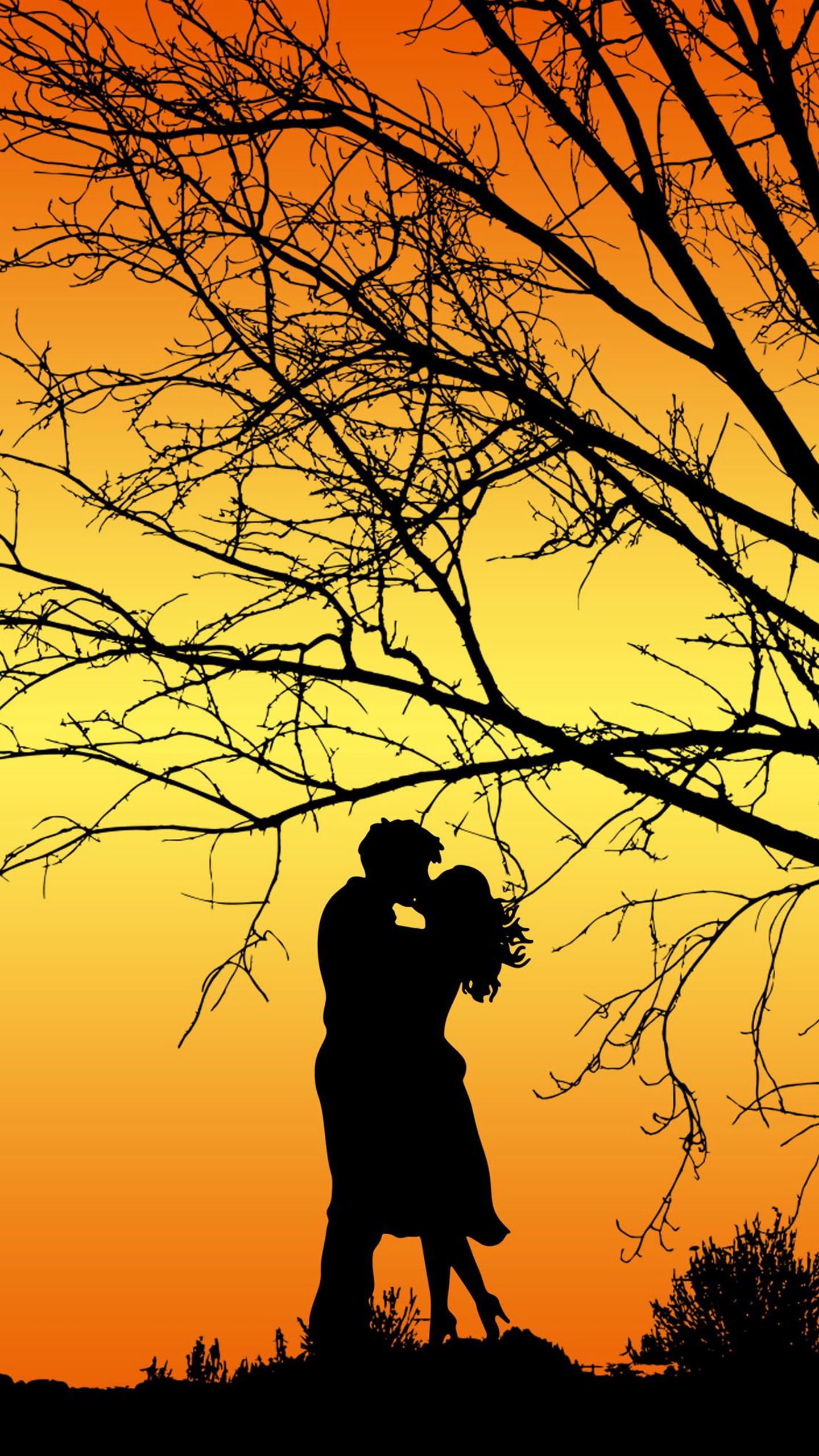 在一棵<span style='color:red;'>枯树</span>下接吻的情侣唯美剪影手机壁纸图片