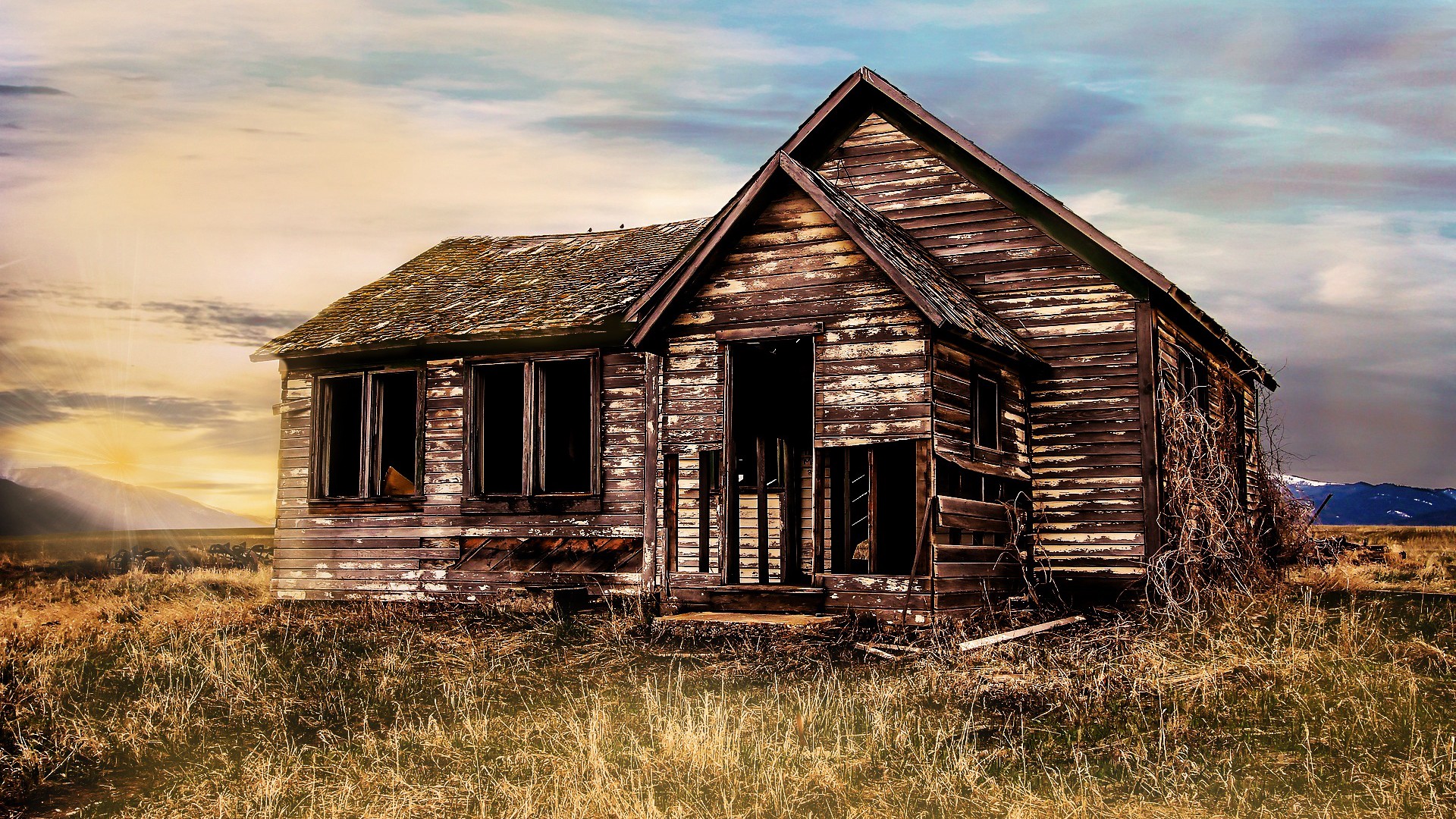 一栋废弃的小木屋 <span style='color:red;'>荒凉</span>景色桌面壁纸图片 满是杂草的荒野上